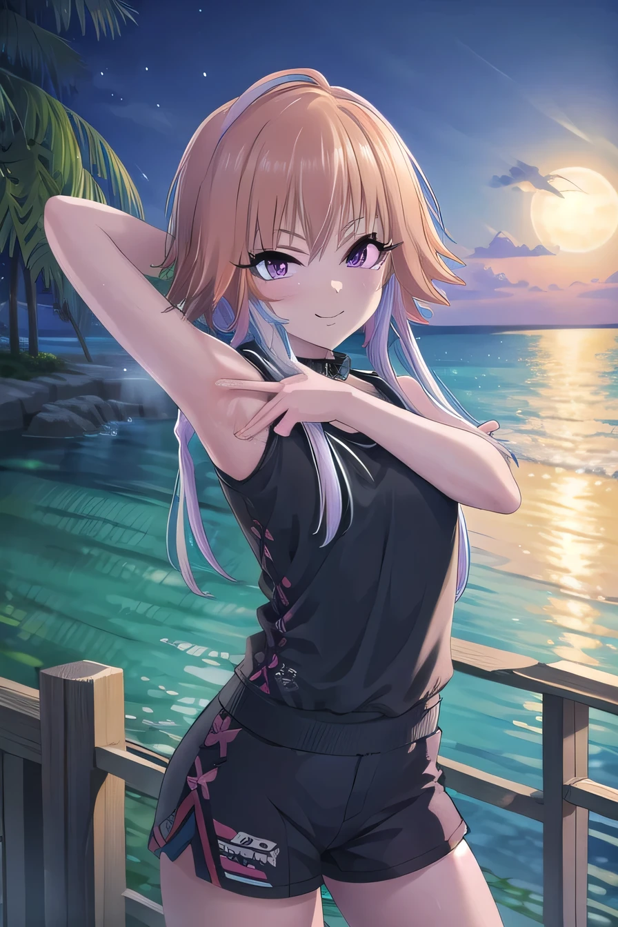 ninomiya asuka, masterpiece, best quality, ultra-detailed, solo,1girl, orange hair,long hair,bangs,twin braids,pink hair,purple eyes, sleeveless, studded collar, black tank top, white short, (cowboy shot:1.5), beach, night sky, arms behind head, spread armpits, contrapposto, smile, closed mouth, looking at viewer,