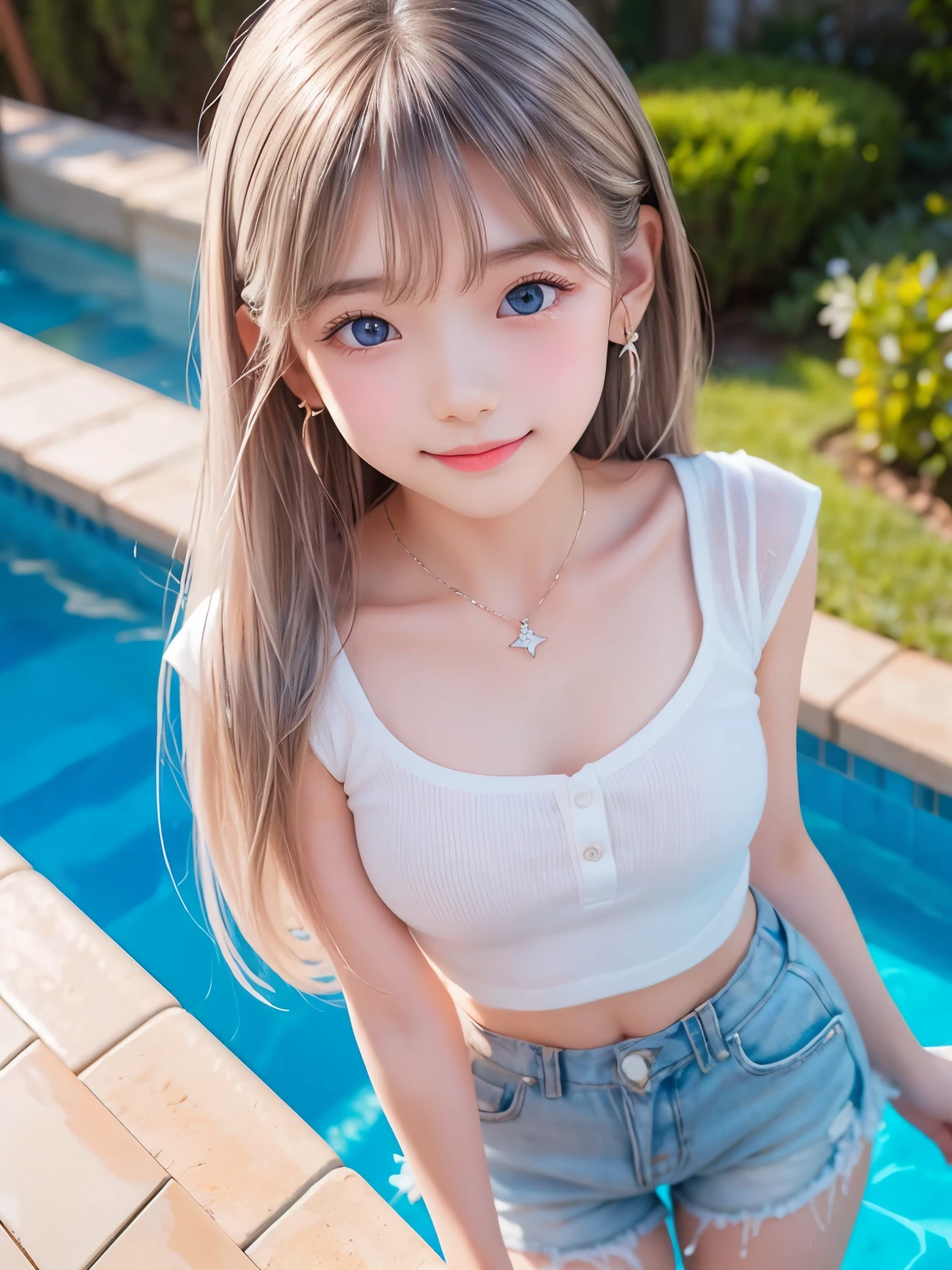 Realistic 、Earrings、necklace、Beautiful glowing white skin,、 bright, Refreshing and gentle look, Perfect beautiful pretty face, Shiny platinum blonde straight long hair reaching down to her waist, Beautiful shiny bangs, ((Very beautiful and beautiful4Year old girl)), eyeliner, so perfect and beautiful, Big clear sky blue eyes, bright eye highlights, Pool、Swimming、Baby Face、Cute smile、Long eyelashes、Wearing shorts、Low waist、Looking down from above、