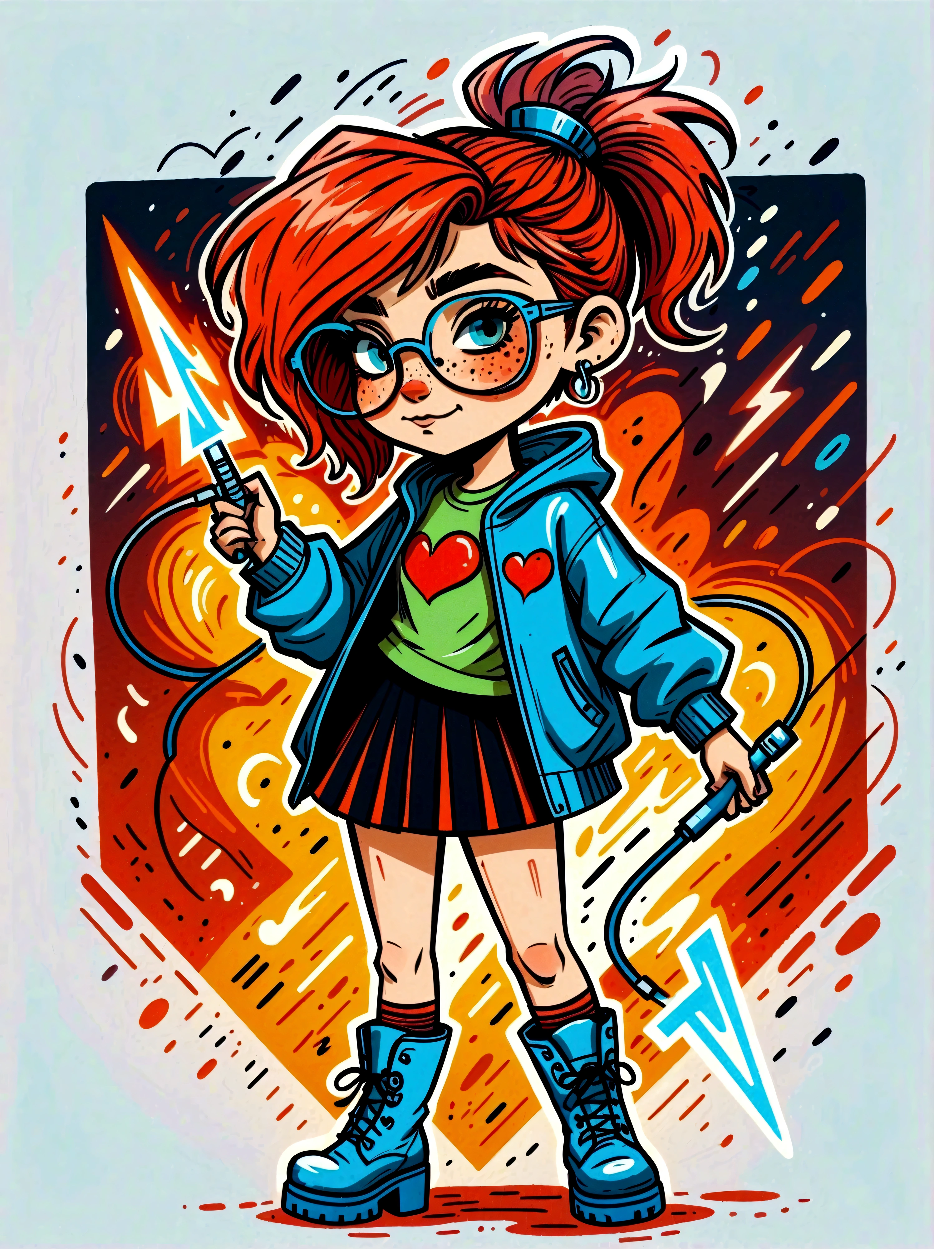 Cartoon hand drawn, 1girl, solo, Lightning energy,Electricity elements,Love tiara,Wearing large heart-shaped glasses,Double ponytail,Blue Highlight Lightning,Wearing bright blue and green square clothes,high-heel boots,Holding electric weapons, The color palette is in red, orange and black tones and has a sketchy style, The background should have a simple hand-drawn doodle pattern