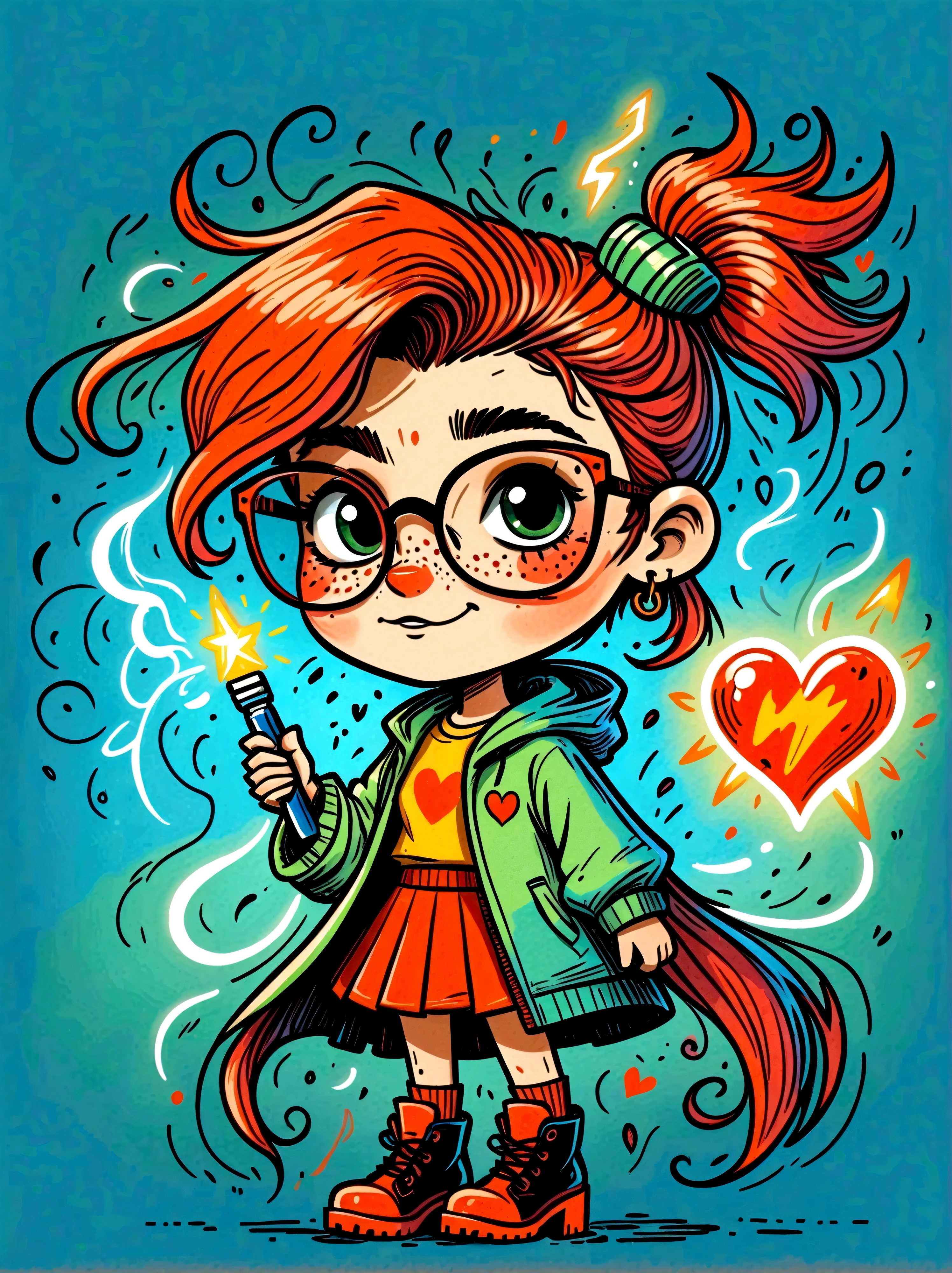 Cartoon hand drawn, 1girl, solo, Lightning energy，Electricity elements，Love tiara，Wearing large heart-shaped glasses，Double ponytail，Blue Highlight Lightning，Wearing bright blue and green square clothes，high-heel boots，Holding electric weapons, The color palette is in red, orange and black tones and has a sketchy style, The background should have a simple hand-drawn doodle pattern