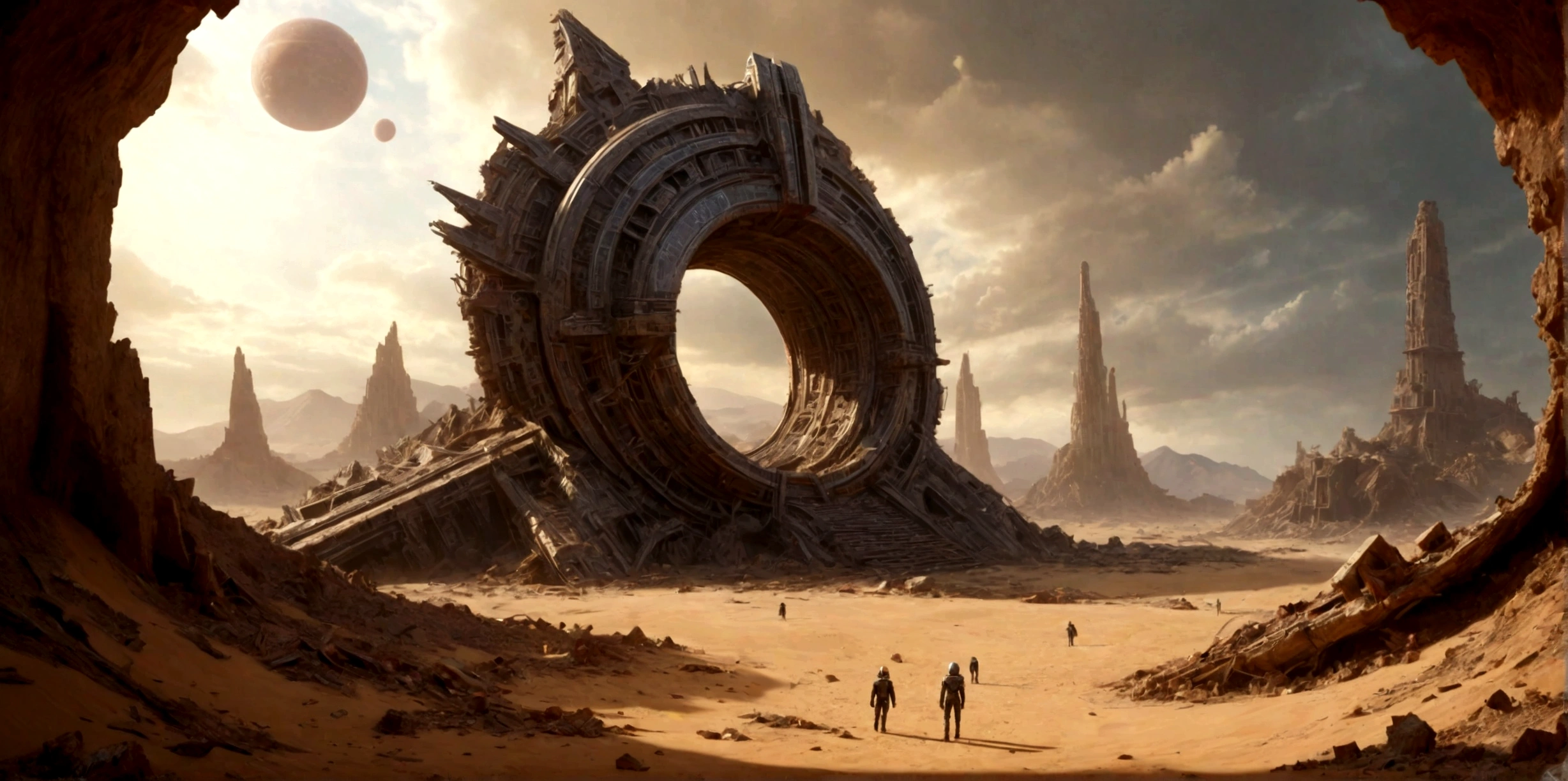 (EN UN VALLE RODEADO DE ACANTILADOS) ((AT THE FOOT OF AN INTRICATE TWO-DIMENSIONAL PORTAL OF AN ALIEN TEMPLE IN RUINS AND IN PIECES) , (A GIANT, THREE-LEVEL, 300-METER-LONG SPACESHIP FALLING RUSTY ABANDONED LAYING IN THE SAND CRUMBLED INTO DOZENS OF PIECES BY TIME))), SUPER HIGH DEFINITION IMAGE WITH HYPER REALISM , MUCHO CALOR, PLANETA SECO, hyper realistic in 4K, cinematic lighting. little vegetation on alien planet other than Earth, cloudy stormy and cold weather, el sol se oculta