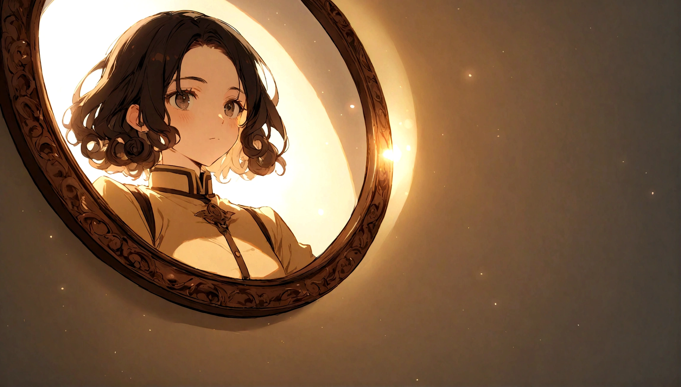 white dress: Curly brown hair, yellowish brown uniform, black eyes.

Moon: Black hair, long and curly, uniform yellowish brown.

a mirror in the round bottom