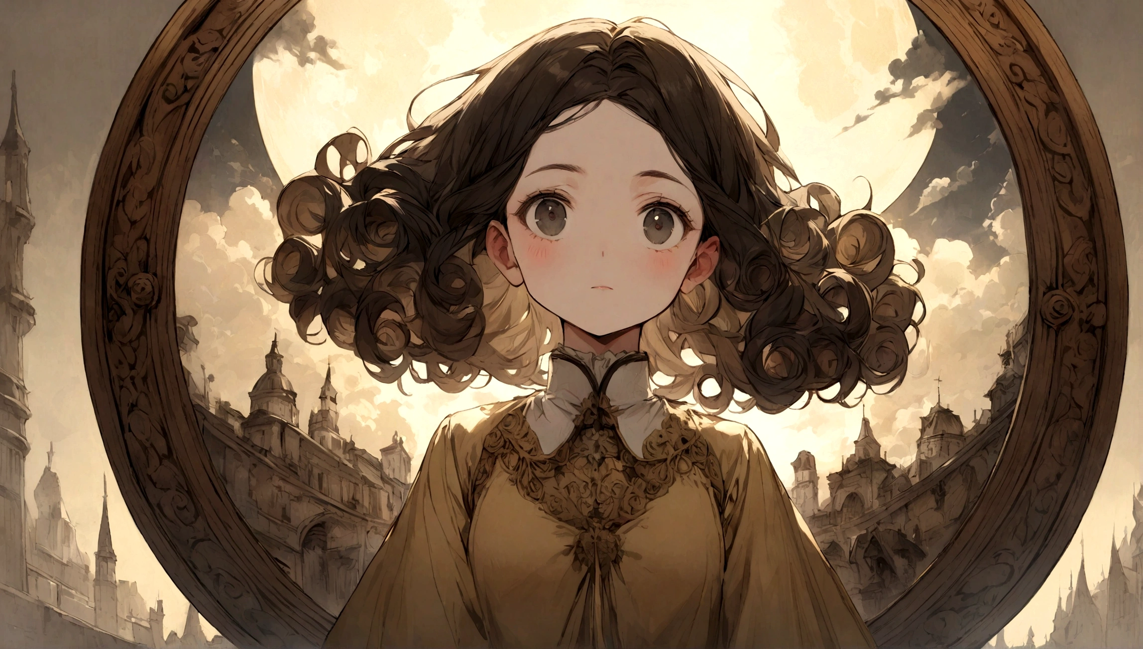 white dress: Curly brown hair, yellowish brown uniform, black eyes.

Moon: Black hair, long and curly, uniform yellowish brown.

a mirror in the round bottom