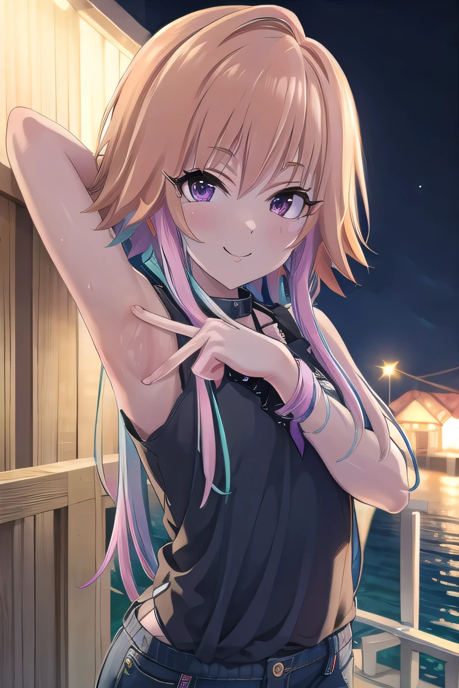 ninomiya asuka, masterpiece, best quality, ultra-detailed, solo,1girl, orange hair,long hair,bangs,twin braids,pink hair,purple eyes, sleeveless, studded collar, black tank top, white short, upper body, beach, night sky, arms behind head, spread armpits, contrapposto, smile, closed mouth, looking at viewer,