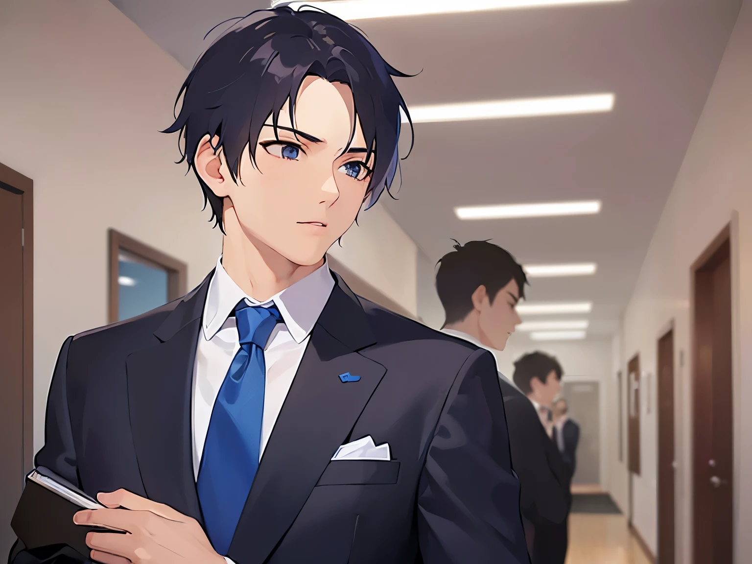 Detailed CG, Ultra-fine illustrations,masterpiece,highest quality,Shiny skin,BREAK(28-year-old male:1.5)and(black short hair)and(blue eyes) BREAK,(suit:1.5)and(white collared shirt)and(Blue tie)and(serious look:1.2),(Placing hand on chest:1.3),(Biologically correct5Finger),(missing fingers),(looking away:1.5),The background is company hallway,alone