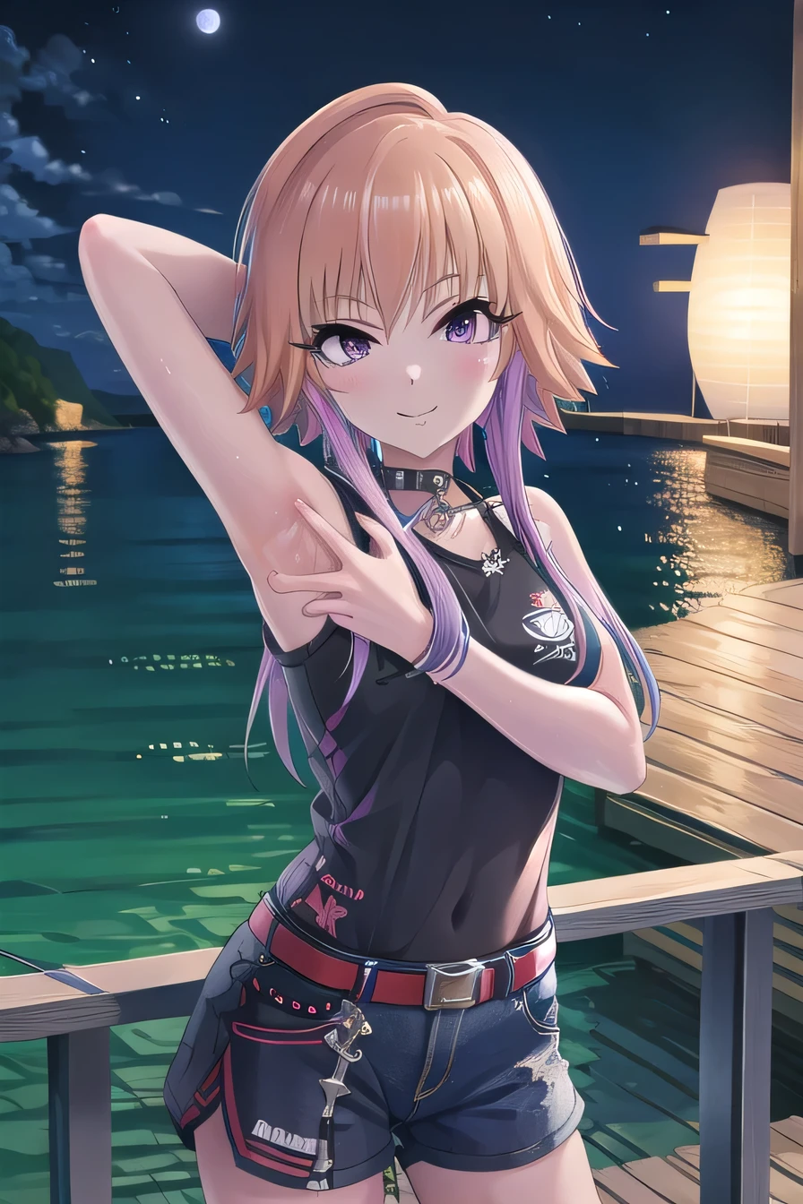 ninomiya asuka, masterpiece, best quality, ultra-detailed, solo,1girl, orange hair,long hair,bangs,twin braids,pink hair,purple eyes, sleeveless, studded collar, black tank top, white short, (cowboy shot:1.5), beach, night sky, arms behind head, spread armpits, contrapposto, smile, closed mouth, looking at viewer,