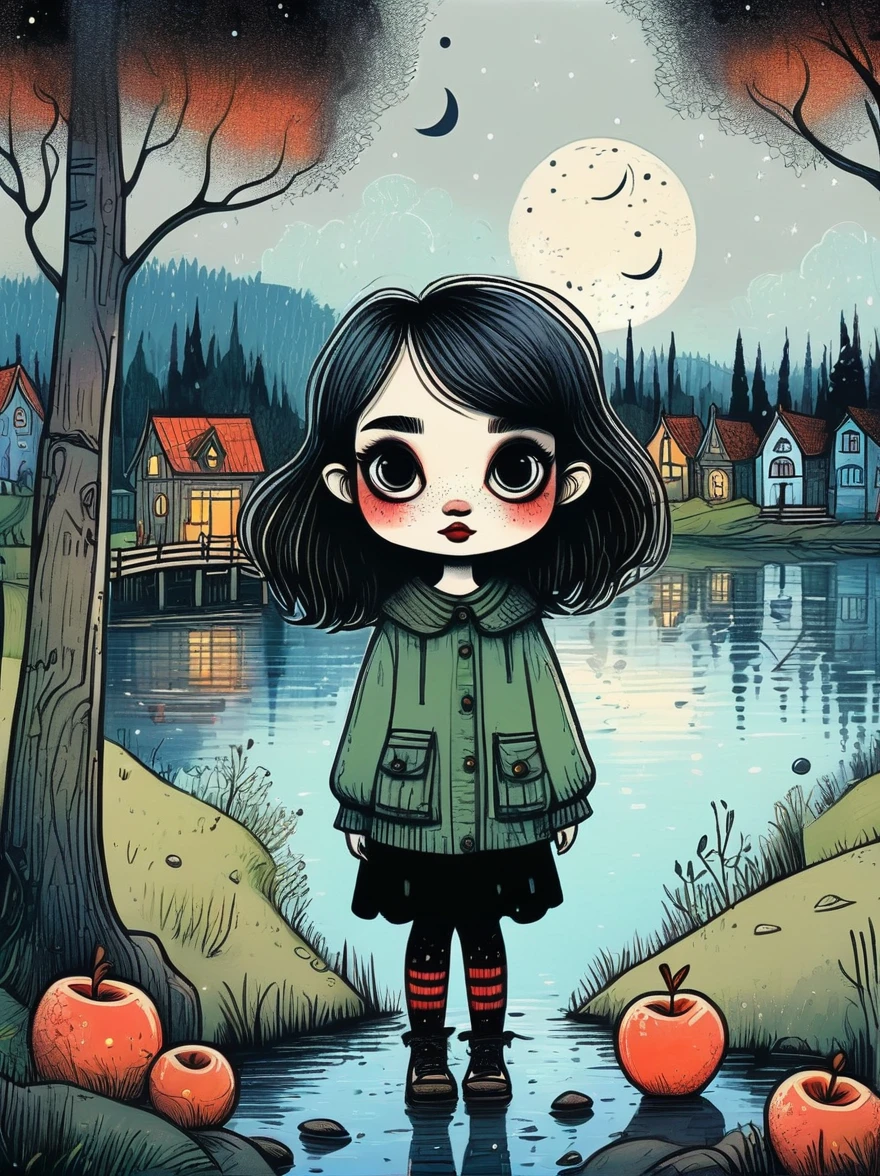 Cartoon hand drawn, 1girl, solo, Cute young attractive girl,Strong Gothic makeup, A village by the lake with a birch forest and an apple orchard,Starry nights,Mattias_Adolfsson style,Gloomy and foggy atmosphere,The cute absurdity、The attraction and rejection of extraordinary appearance,Magical naive art,Bright blue and green,The color palette is in red, orange and black tones and has a sketchy style, The background should have a simple hand-drawn doodle pattern, 1shxx1