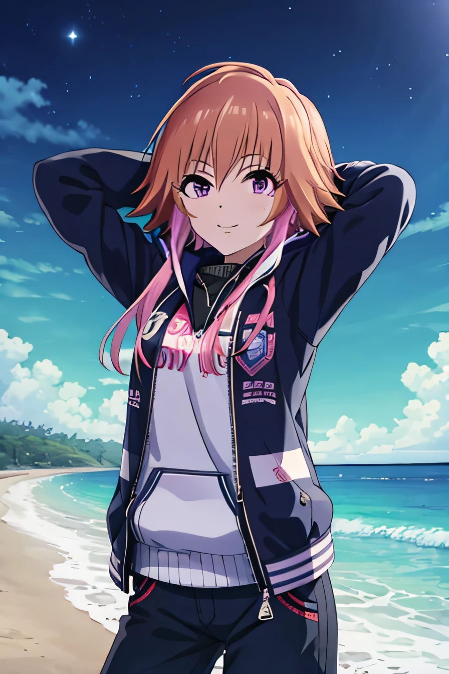 ninomiya asuka, masterpiece, best quality, ultra-detailed, solo,1girl, orange hair,long hair,bangs,twin braids,pink hair,purple eyes,black jacket,open jacket,hoodie,white short, (cowboy shot:1.5), beach, night sky, arms behind head, spread armpits, contrapposto, smile, closed mouth, looking at viewer,