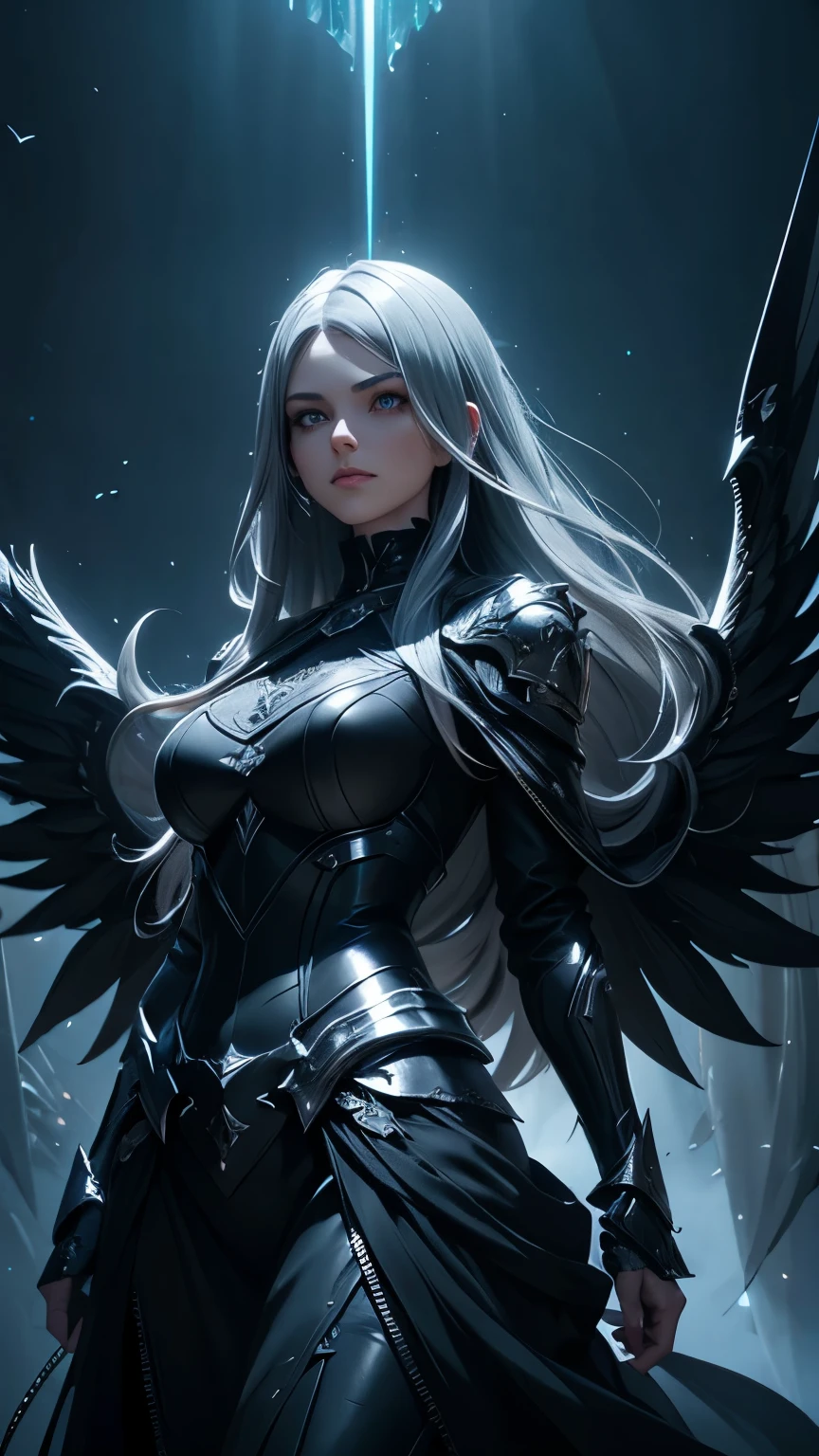 a woman with long gray hair, glowing eyes, wearing black clothes, with wings full of light, a paladin with a long lance, detailed face, intricate jewelry, ethereal lighting, dramatic pose, cinematic angle, fantasy art, digital painting, octane render, concept art, highly detailed, sharp focus, vibrant colors, dramatic lighting, cinematic mood, photorealistic, 8k, best quality