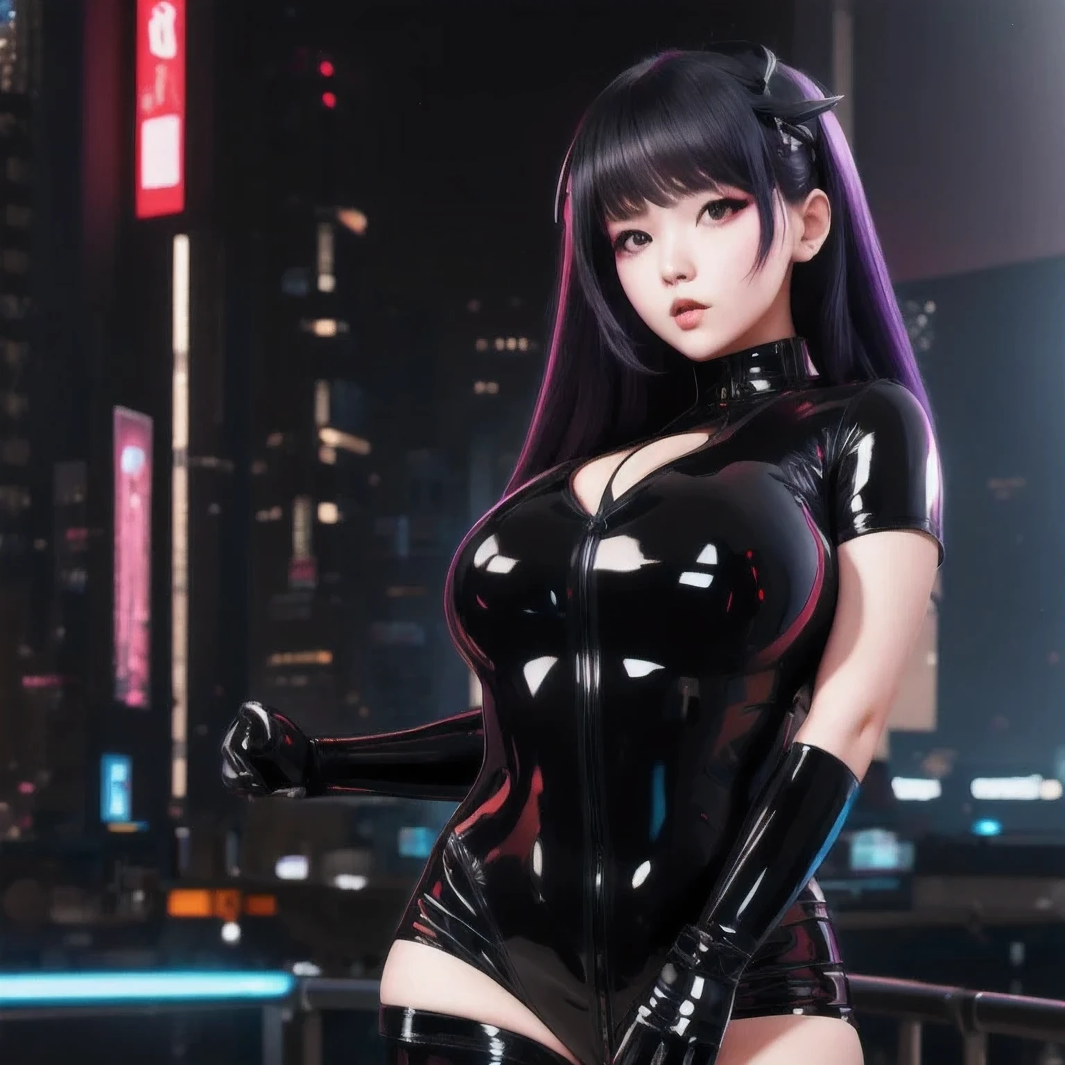 girl in a black latex outfit posing for a picture, seductive anime girl, Image Quality,photo anime, oppo masterpiece, 3 d anime realistic, 4 K, artwork in the style of guweiz, thicc, oppai cyberpunk, , trending on cgstation, hyper realistic anime