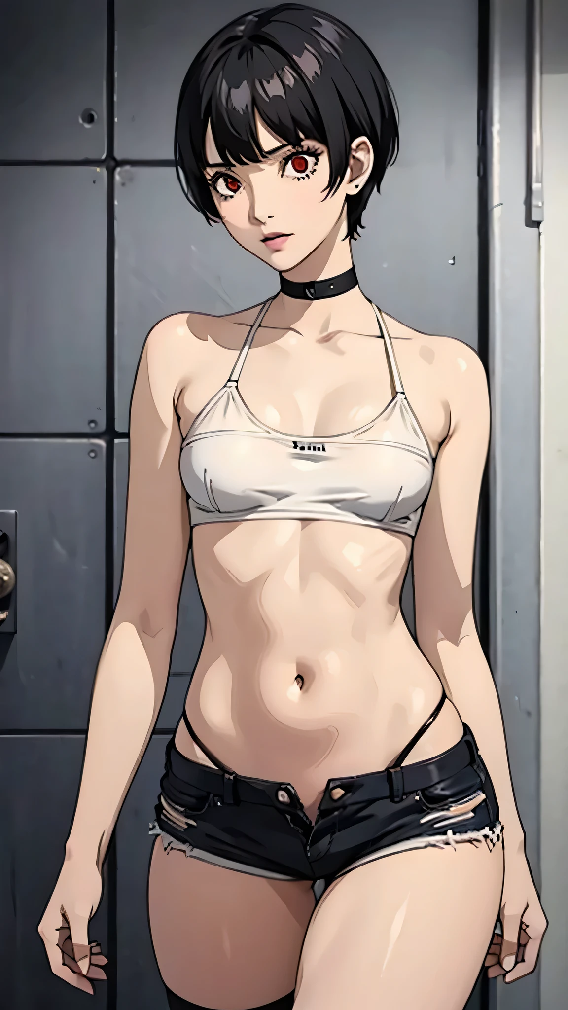 1girl, serious face, red eyes, tomboy Pixie haircut, very Short hair, black hair, black choker, white micro top bandeau, belly, medium breast, extreme micro shorts, stockings, black lipstick, black lipstick ear piercings, cowboy shot