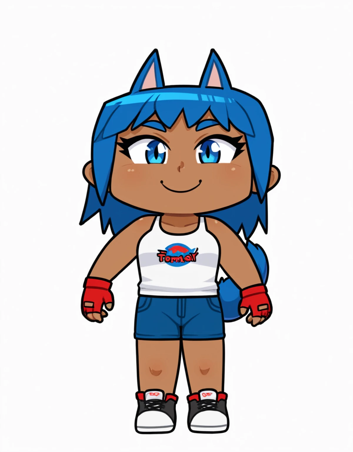 1girl, chibi, dark skin, blue hair, blue eyes, tail, smile, tomboy, blue shorts, tank top, sneakers, fingerless gloves