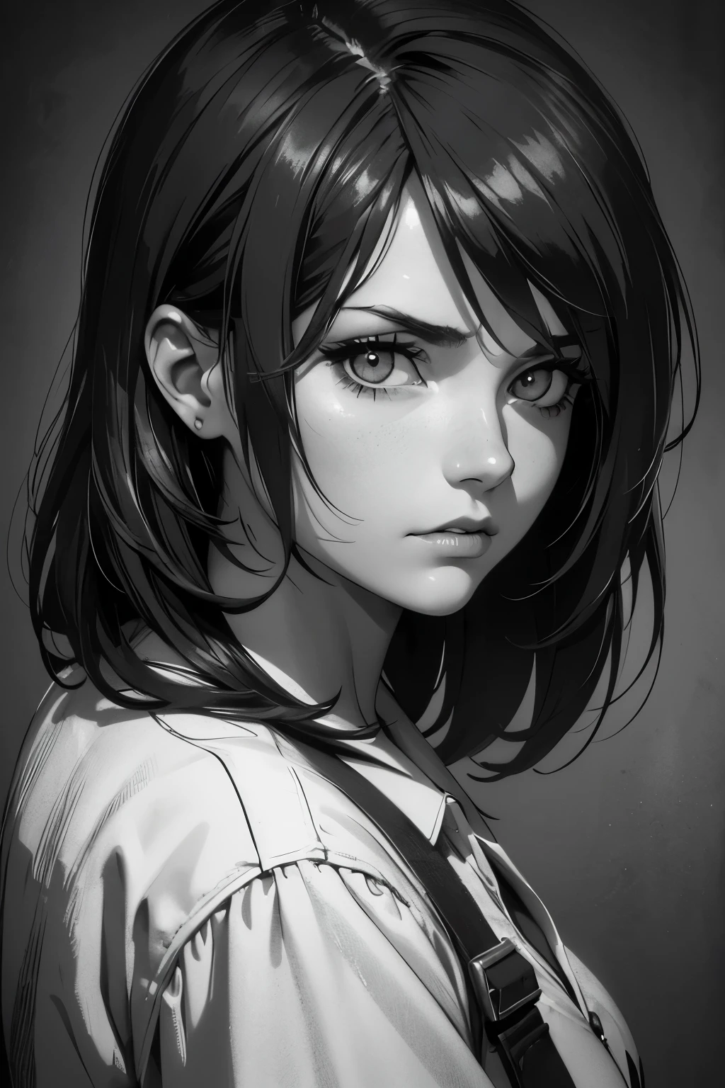 A girl in a mugshot, sketch, black and white, detailed features, cute, vintage style, high contrast lighting, expressive eyes, tousled hair. (best quality, highres, realistic:1.37), vintage, monochrome, intense gaze, dramatic lighting, rugged background, distressed paper texture, retro vibes, id photo, front view