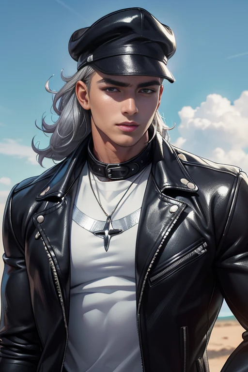 Handsome young homem wearing a leather jacket, wearing a cap, com cabelos prateados, segurando sorvete, silver messy hair, bonito, (8K, Foto CRU, Fotorrealista:1.25) ,( brilho labial, eyelash, homem, rosto brilhante, Pele brilhante, pele escura, suspiro escuro, macho, melhor qualidade, ultra high resolution, young homem, profundidade de campo, Chromatic aberration, caustics, wide lighting, sombreamento natural,kpop idol) olhando para o espectador com uma felicidade serena e divina,