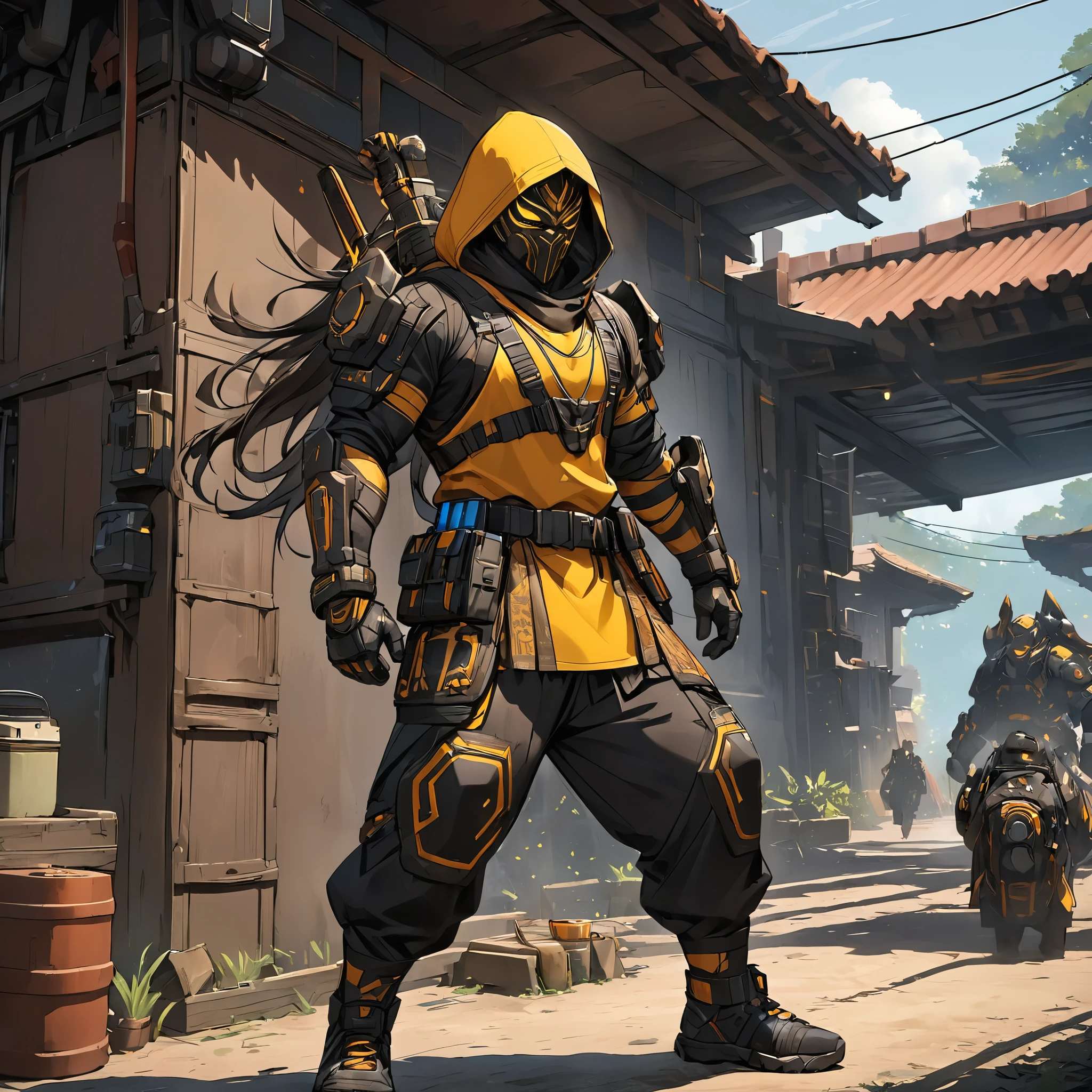 ((best quality)), ((masterpiece)), (detailed), perfect face. A Brazilian and Nigerian descendant boy with brown skin, dreads, yellow eyes, tribal tattoos, a toned body with various scars,
The boy uses a hero suit that had a sleek and tactical look that perfectly fitted your tribal aesthetic, it had a more streamlined and lightweight design, making it easier for me to move quickly and efficiently
Using iron sole black boots, iron shin guards, and iron arm guards with reinforcement and shock-absorbing technology to provide better protection from impact and blunt force trauma
A tribal style baggy pants with additional pockets and compartments for storing various gadgets and equipment
And a carbon fiber yellow hooded vest that reveals my arms, the vest has a huge durability and flexibility, and a reduced weight while still maintaining its tribal aesthetic.
It has iron claw-like gauntlets that feature energy channels that allow me to channel and discharge different types of energy more efficiently and accurately that I use as weapons
And a half face black prajna mask with golden details and teeth with a sleek design that improved its functionality and comfort that had a more advanced built-in comms system and filters, allowing you to communicate with your teammates and have a filtration for hazardous environments.
Also the suit had additional built-in weapons and gadgets that are connected to your quirk and ability to manipulate different types of energies. The suit now had advanced sensors and control systems that allow you to monitor and manage your energy levels and output with ease.