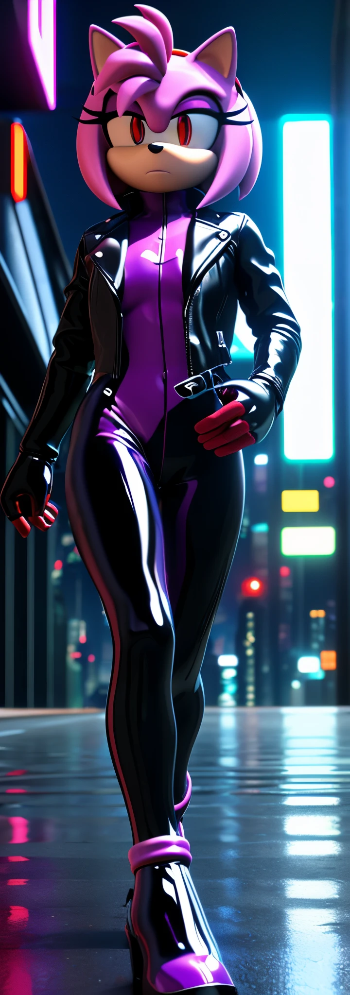 Solo, 1girl, full body image, rendered in SFM, ((sonic oc:1)), from sonic, high detail iconic character, in the new action-movie sonic, cyberpunk city, official render, 3d render official art, toon shader, ((female)), (((purple hedgehog:1))), ((shiny)) (purple fur:1.0), (((Amy rose style quills))), (((metallic purple eyeliner))) ((deep red eyes:1.5)), ((calm neutral expression)), ray trace 4 k, ray trace 4k, (((glossy black latex bodysuit))), (((leather jacket))), ((fingerless gloves:0.9))