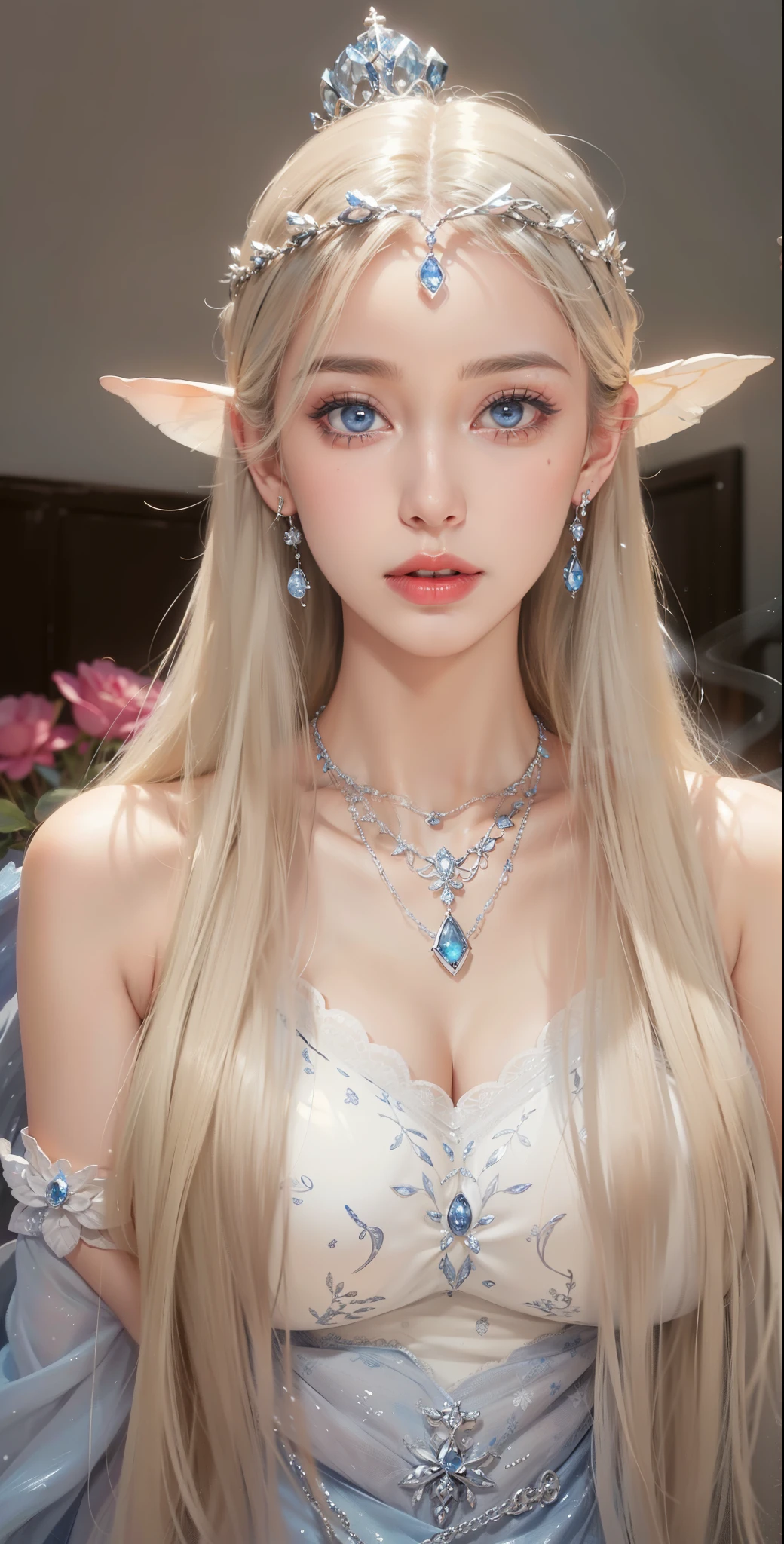 Super detailed, Delicate face, Realistic style, Stock Photography , rich and colorful, Surrealism, Realistic textures, Dramatic Lighting, Thin Film Distiller 800 (8K, original photo, Better quality, masterpiece: 1.2), Super detailed, (Extremely delicate skin: 1.2), 8K Ultra HD, SLR camera, Soft Light, high quality,Snow Queen,ice castle,Blue pupils,Apply red lipstick,Tattoo goddess,With tattoo pattern,Ultra-clear portrait,Wearing necklace jewelry,apply lipstick,Wear heavy makeup,The facial texture is very clear,Beautiful tattoos on the body,Deep blue eyes(Sapphire-like pupils),A crown of luxury,Diamond necklace,Lace Print,Beautiful goddess