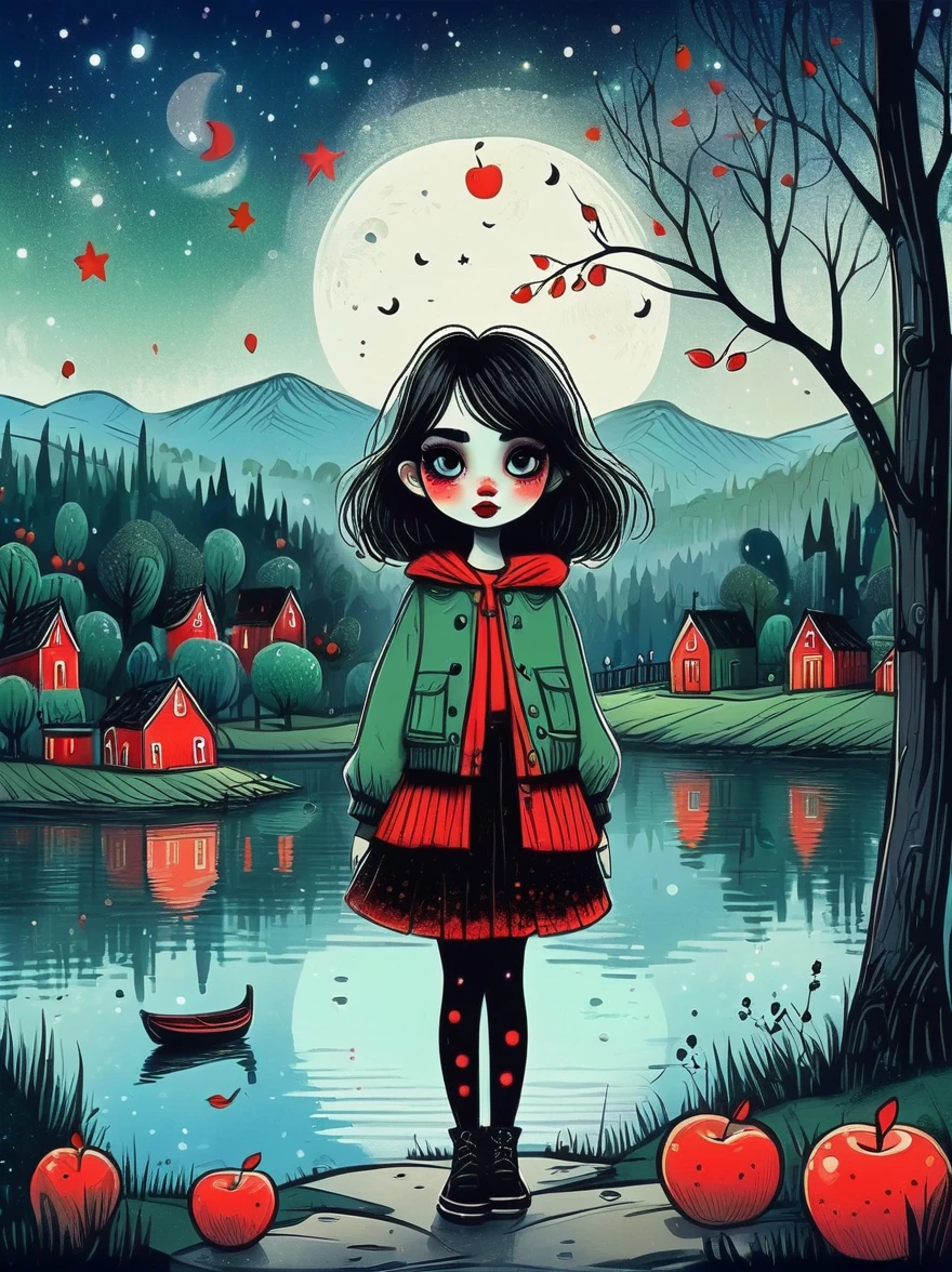 Cartoon hand drawn, 1girl, solo, Cute young attractive girl，Strong Gothic makeup, A village by the lake with a birch forest and an apple orchard，Starry nights，Gloomy and foggy atmosphere，The cute absurdity、The attraction and rejection of extraordinary appearance，Magical naive art，Bright blue and green，The color palette is in red, orange and black tones and has a sketchy style, The background should have a simple hand-drawn doodle pattern, 1shxx1