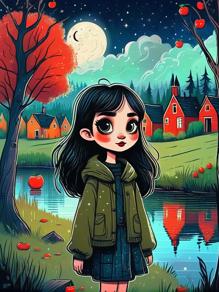 Cartoon hand drawn, 1girl, solo, Cute young attractive girl，Strong Gothic makeup, A village by the lake with a birch forest and an apple orchard，Starry nights，Gloomy and foggy atmosphere，The cute absurdity、The attraction and rejection of extraordinary appearance，Magical naive art，Bright blue and green，The color palette is in red, orange and black tones and has a sketchy style, The background should have a simple hand-drawn doodle pattern, 1shxx1