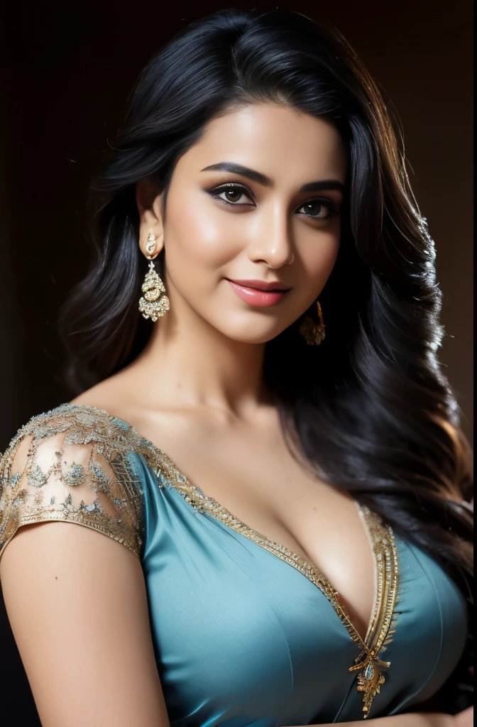 portrait of A confident-looking indian woman princess with long flowing hair, hazel eyes, with orange blue red saree, a smile on the face, royal and y look, red bindi, standing in cricket stadium, c-cup brearfect composition, hyperrealistic, super detailed, 8k, high quality, trending art, trending on artstation, sharp focus, sexy photontricate details, highly detailed, art by Greg Rutkowski