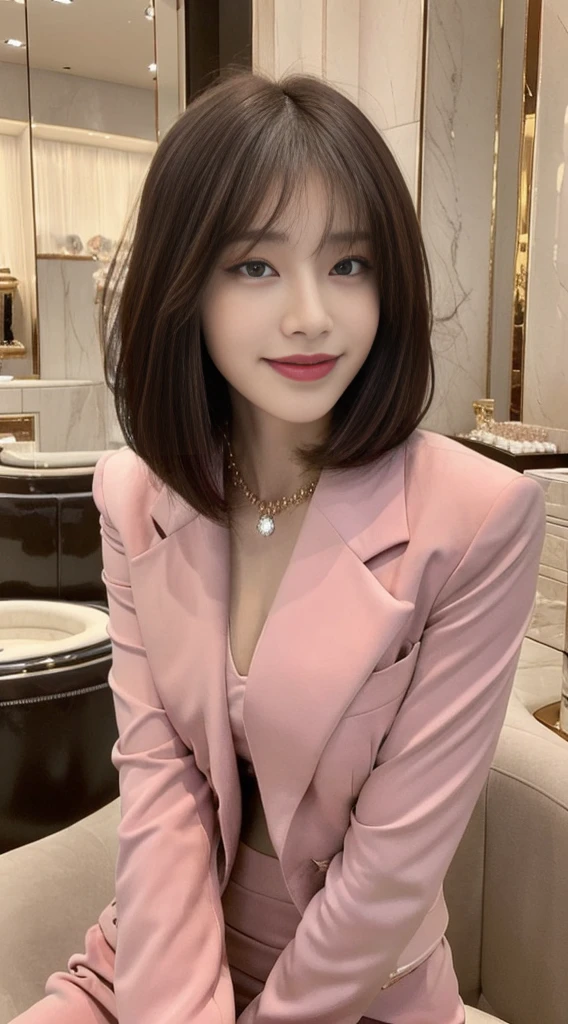 ((Best Quality, 8K, Masterpiece:1.3)), Focus: 1.2, Perfect Body Beauty: 1.4, Buttocks: 1.2, ((Layered Haircut: 1.2)), (wear pink suit: 1.1), ( sit in a luxury jewelry store:1.3), (Tight skirt: 1.1), Highly Detailed Face and Skin Texture, Fine Eyes, Double Eyelids, Whitening Skin, Long Hair, (Shut Up: 1.3), Smile