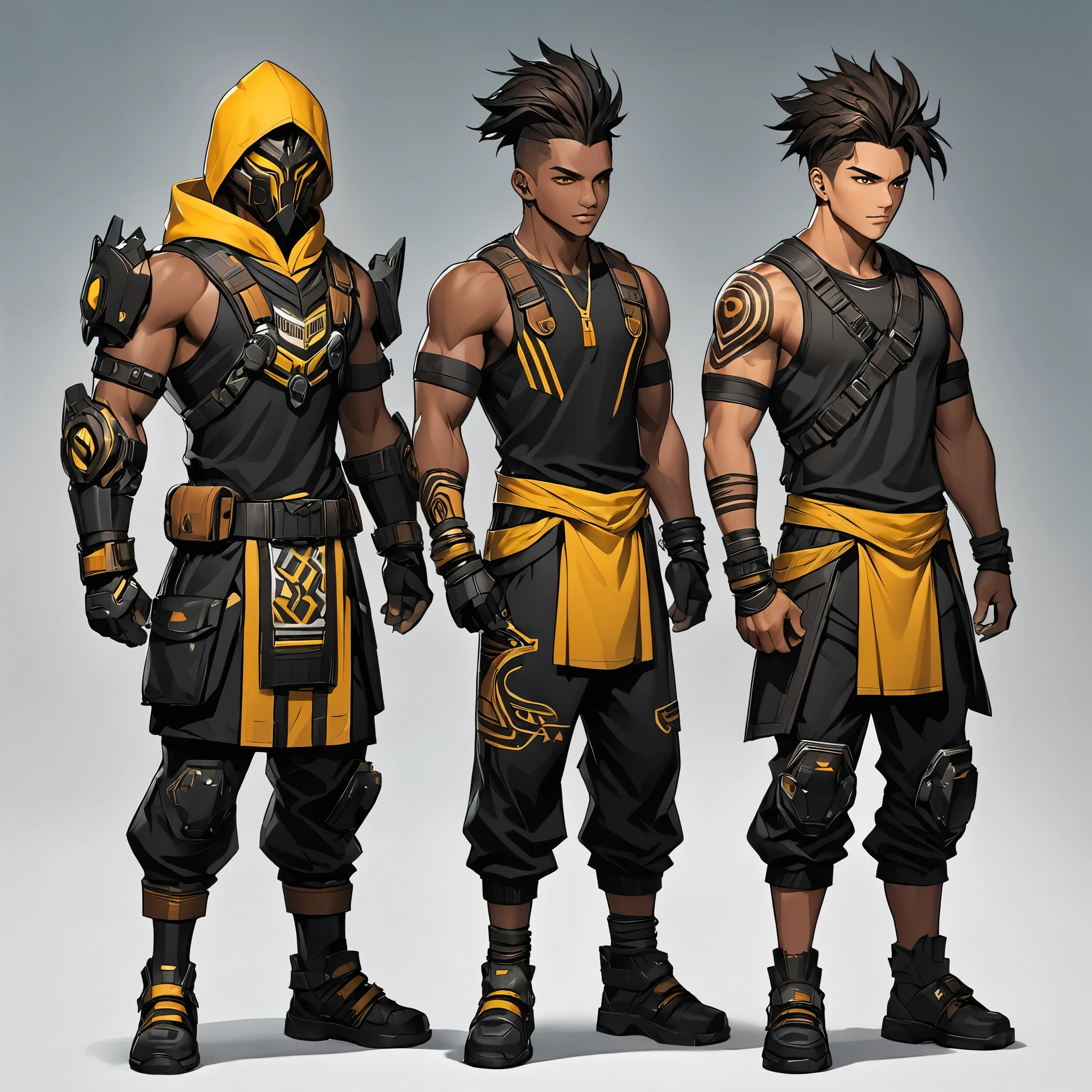 ((best quality)), ((masterpiece)), (detailed), perfect face. A Brazilian and Nigerian descendant boy with brown skin, dreads, yellow eyes, tribal tattoos, a toned body with various scars,
The boy uses a hero suit that had a sleek and tactical look that perfectly fitted your tribal aesthetic, it had a more streamlined and lightweight design, making it easier for me to move quickly and efficiently
Using iron sole black boots, iron shin guards, and iron arm guards with reinforcement and shock-absorbing technology to provide better protection from impact and blunt force trauma
A tribal style baggy pants with additional pockets and compartments for storing various gadgets and equipment
And a carbon fiber yellow hooded vest that reveals my arms, the vest has a huge durability and flexibility, and a reduced weight while still maintaining its tribal aesthetic.
It has iron claw-like gauntlets that feature energy channels that allow me to channel and discharge different types of energy more efficiently and accurately that I use as weapons
And a half face black prajna mask with golden details and teeth with a sleek design that improved its functionality and comfort that had a more advanced built-in comms system and filters, allowing you to communicate with your teammates and have a filtration for hazardous environments.
Also the suit had additional built-in weapons and gadgets that are connected to your quirk and ability to manipulate different types of energies. The suit now had advanced sensors and control systems that allow you to monitor and manage your energy levels and output with ease.