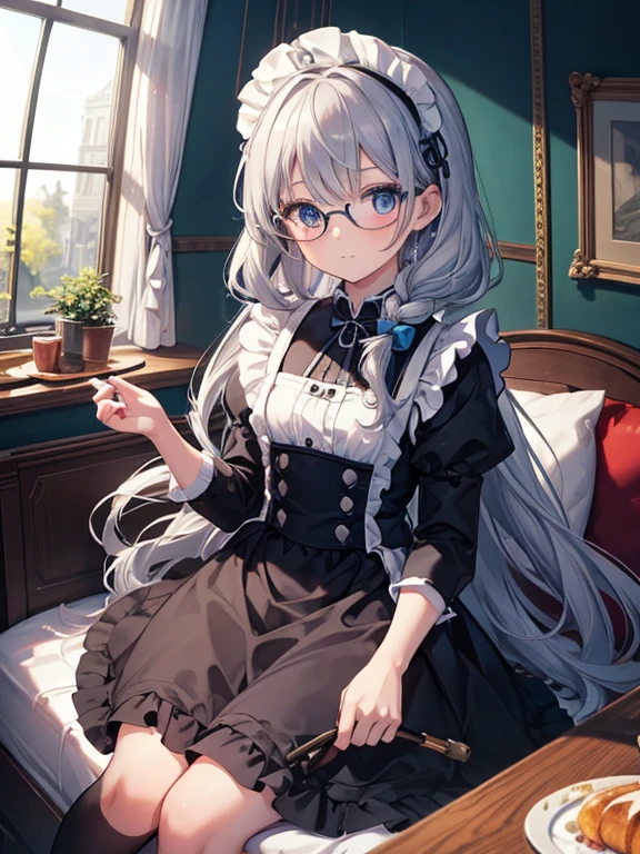 masterpiece, highest quality, Very detailed, 16k, Ultra-high resolution, Fisheye Shot:1.7, 9-year-old girl, blue eyes, Glasses, Silver Hair, Long Hair, Braid, Black maid outfit