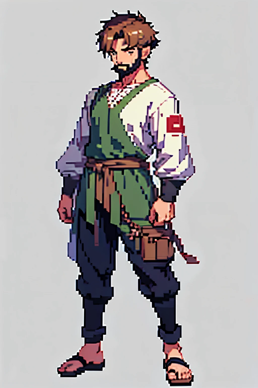 1 human male,128x128 pixel art, male protagonist, anime, living as a villager, 25 years old, short hairstyle, military haircut, very short hair, random hair color, random eyes, looking at the camera, attention to detail, detailed face, free forehead, no bangs, character design, front view, standing, white background, t pose, 8k manhwa, detailed, pixel art, adult, generic viillager, fantasy male villager, commoner clothes, villager clothing, fantasy villager, villager clothes, peasant villager clothes, brown and white clothes, villager, plain clothes, full body image, not fancy, humble, focus on face, random expression, tall, mature face, mature man, beard,
