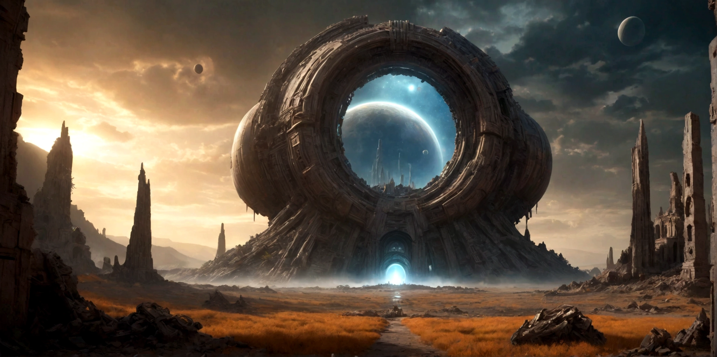 (EN UN VALLE RODEADO DE ACANTILADOS) ((AT THE FOOT OF AN INTRICATE TWO-DIMENSIONAL PORTAL STILL ACTIVE OF AN ALIEN TEMPLE IN RUINS AND IN PIECES) , (A FALLEN SPACESHIP, OXIDADA, ABANDONADA TIRADA EN LA ARENA DESBASTADA EN DECENAS DE PEDAZOS POR EL TIEMPO))), SUPER HIGH DEFINITION IMAGE WITH HYPER REALISM , MUCHO CALOR, PLANETA SECO, hyper realistic in 4K, cinematic lighting. little vegetation on alien planet other than Earth, cloudy stormy and cold weather, el sol se oculta
