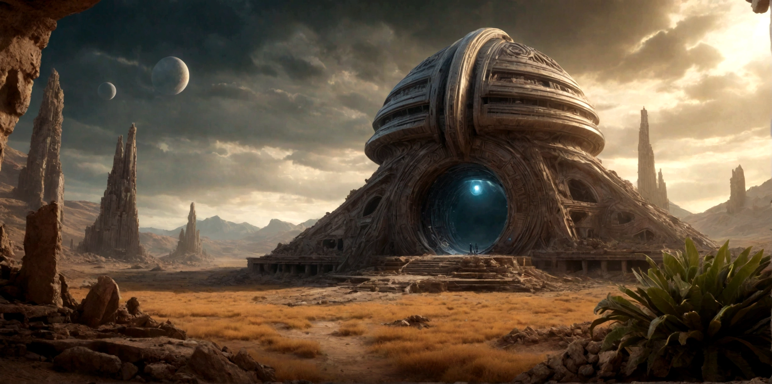 (EN UN VALLE RODEADO DE ACANTILADOS) ((AT THE FOOT OF AN INTRICATE TWO-DIMENSIONAL PORTAL STILL ACTIVE OF AN ALIEN TEMPLE IN RUINS AND IN PIECES) , (A FALLEN SPACESHIP, OXIDADA, ABANDONADA TIRADA EN LA ARENA DESBASTADA EN DECENAS DE PEDAZOS POR EL TIEMPO))), SUPER HIGH DEFINITION IMAGE WITH HYPER REALISM , MUCHO CALOR, PLANETA SECO, hyper realistic in 4K, cinematic lighting. little vegetation on alien planet other than Earth, cloudy stormy and cold weather, el sol se oculta