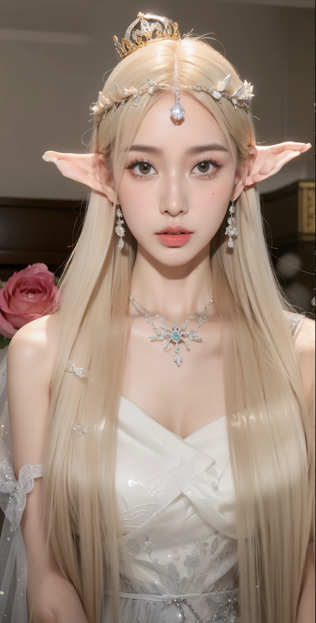 Super detailed, Delicate face, Realistic style, Stock Photography , rich and colorful, Surrealism, Realistic textures, Dramatic Lighting, Thin Film Distiller 800 (8K, original photo, Better quality, masterpiece: 1.2), Super detailed, (Extremely delicate skin: 1.2), 8K Ultra HD, SLR camera, Soft Light, high quality,Snow Queen,ice castle,Blue pupils,Apply red lipstick,Tattoo goddess,With tattoo pattern,Ultra-clear portrait,Wearing necklace jewelry,apply lipstick,Wear heavy makeup,The facial texture is very clear,Beautiful tattoos on the body,Deep blue eyes(Sapphire-like pupils),A crown of luxury,Diamond necklace,Lace Print,Beautiful goddess