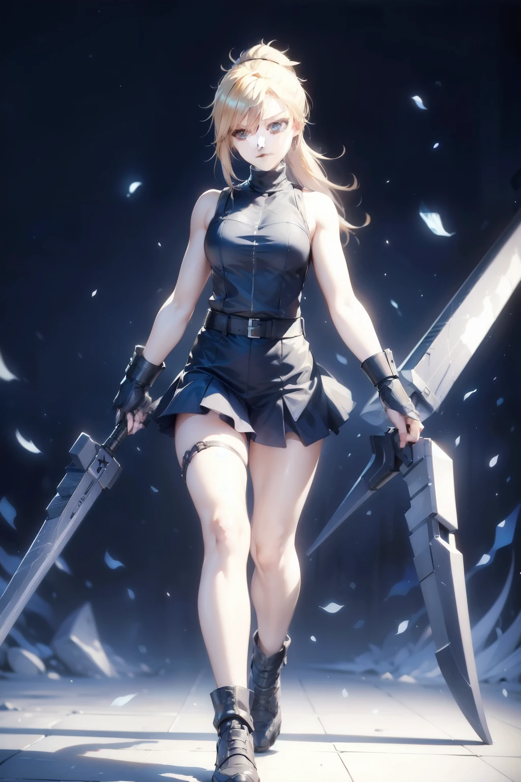 (masterpiece, best quality:1.2), Blue glowing eyes, perfect face, highres, 1 girl, solo, ultra long ponytail, (female:1.5), strife, blonde hair, shoulder armor, sleeveless turtleneck, suspenders, belt, gloves, bracer, evil smile, standing, portrait, looking at viewer, giant sword on the back