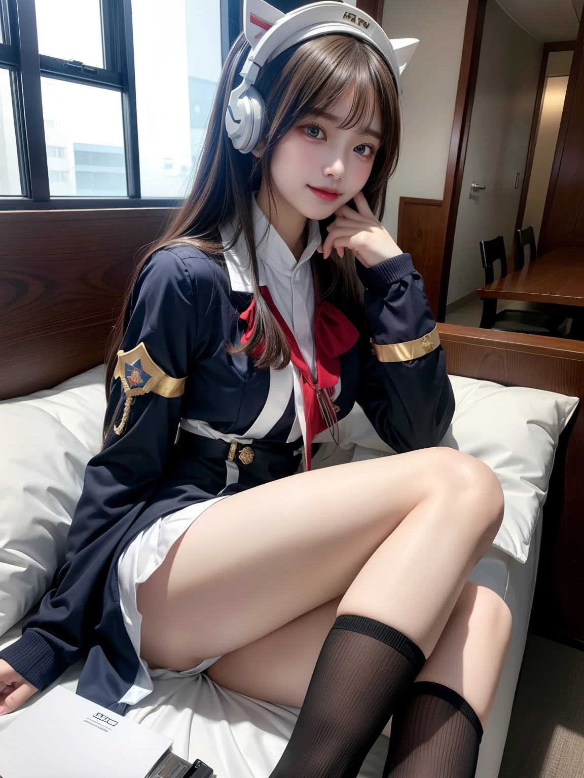 star、Supermodel、Perfect build、Muchimuchi、Three girls are looking at the viewer、girl、、Thighhighs、beautiful feet、、cyber punk、headphone、gentle smile、seen by girls、Innocent face、Military Uniform Lolita