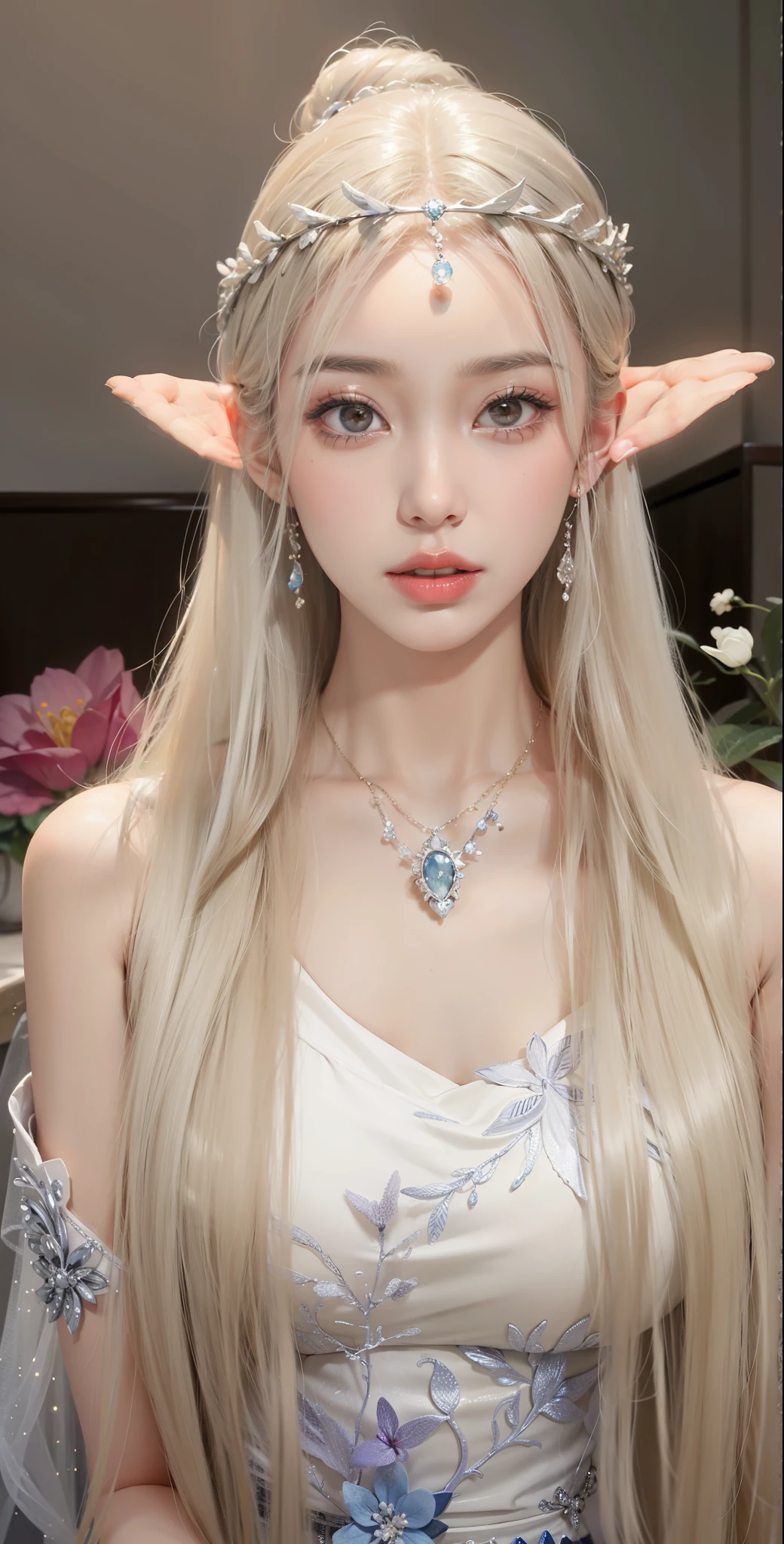 Royal sisters，精致of眼睛，Frozen queen，Put the crown on your head，详细of面部表情，tall and big，Glamorous characters，Leg length，4k，Ultra-clear，of，White translucent lace，Fair skin，Little cherry mouth，Beautiful and lovely，精致of图片，丰富of面部细节，佩戴华丽of珠宝，Royal Princess，闪闪发光of宝石项链，奢华of装饰，Goddess Athena，