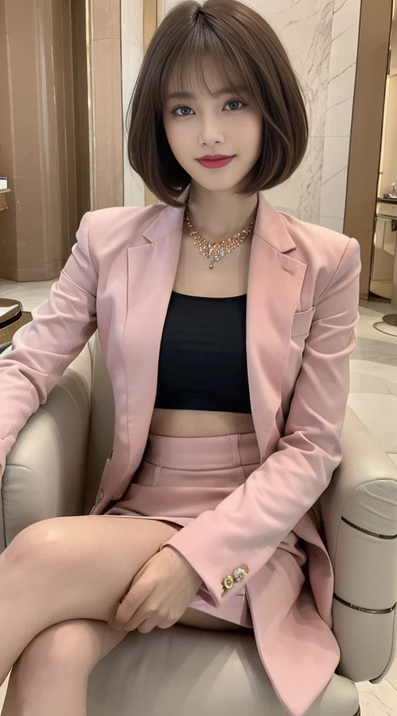 ((Best Quality, 8K, Masterpiece:1.3)), Focus: 1.2, Perfect Body Beauty: 1.4, , ((Layered Haircut: 1.2)), (wear pink suit: 1.1), ( sitting on a chair in a luxury jewelry store:1.3), (Tight skirt: 1.1), Highly Detailed Face and Skin Texture, Fine Eyes, Double Eyelids, Whitening Skin, Long Hair, (Shut Up: 1.3), Smile