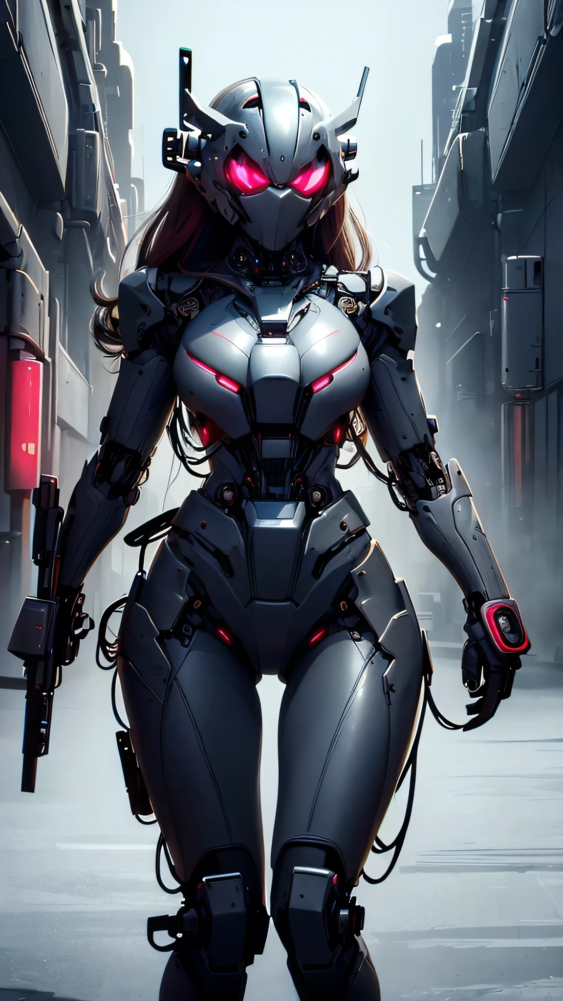 Highest image quality, outstanding details, ultra-high resolution, (fidelity: 1.4), the best illustration, favor details, highly condensed 1girl, with a delicate and beautiful face, dressed in black and red mecha, wearing a mecha helmet, holding a direction controller, riding on a motorcycle, the background is a high-tech lighting scene of the future city.