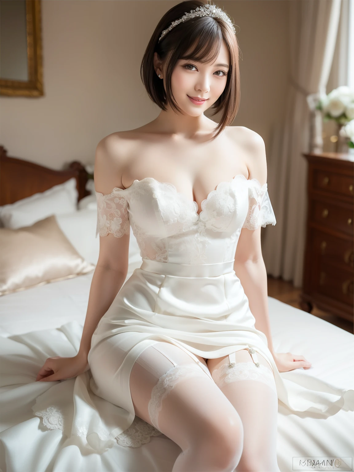(Best quality: 1.5), (Realistic: 1.5), (1 person: 1.5), (Medium shot: 1.5), Highly detailed, High resolution, 8k, Medium breasts, Natural colored lips, Cute smile, Japanese woman, 20-year-old girl, beautiful and elegant features, perfect and beautiful face, large eyes with good balance between the left and right sides, brunette eyes, beautiful and elegant features, beautiful double eyelids, natural bangs, beautiful thin nose, beautiful skin, fair skin, (medium bob hair), natural bangs, perfect and beautiful face, slim face and figure, (looks at the camera with a sweet smile), bright lighting, professional lighting, forward lighting, princess line wedding dress, best Wearing a luxury bridal tiara (wearing a pure white off-shoulder wedding dress), luxury wedding dress, lace white gloves, bridal veil, (sit on bed), luxury bed, (micro mini skirt dress), ((garter belt)), knee-high lace stockings, luxury bedroom,