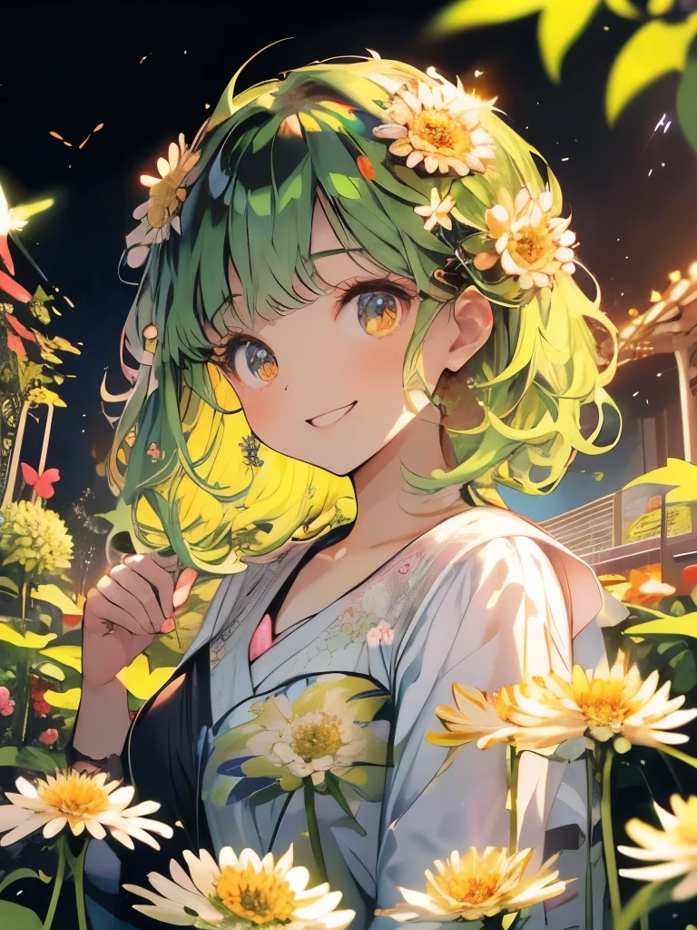 Masterpiece、smile、Anime Girls,Dark green hair、可愛いAnime Girls、smile、((chrysanthemum))、たくさんのchrysanthemum、Fractal Art、Gwaiz、Pool、Garden、Flower Garden、Red butterfly
