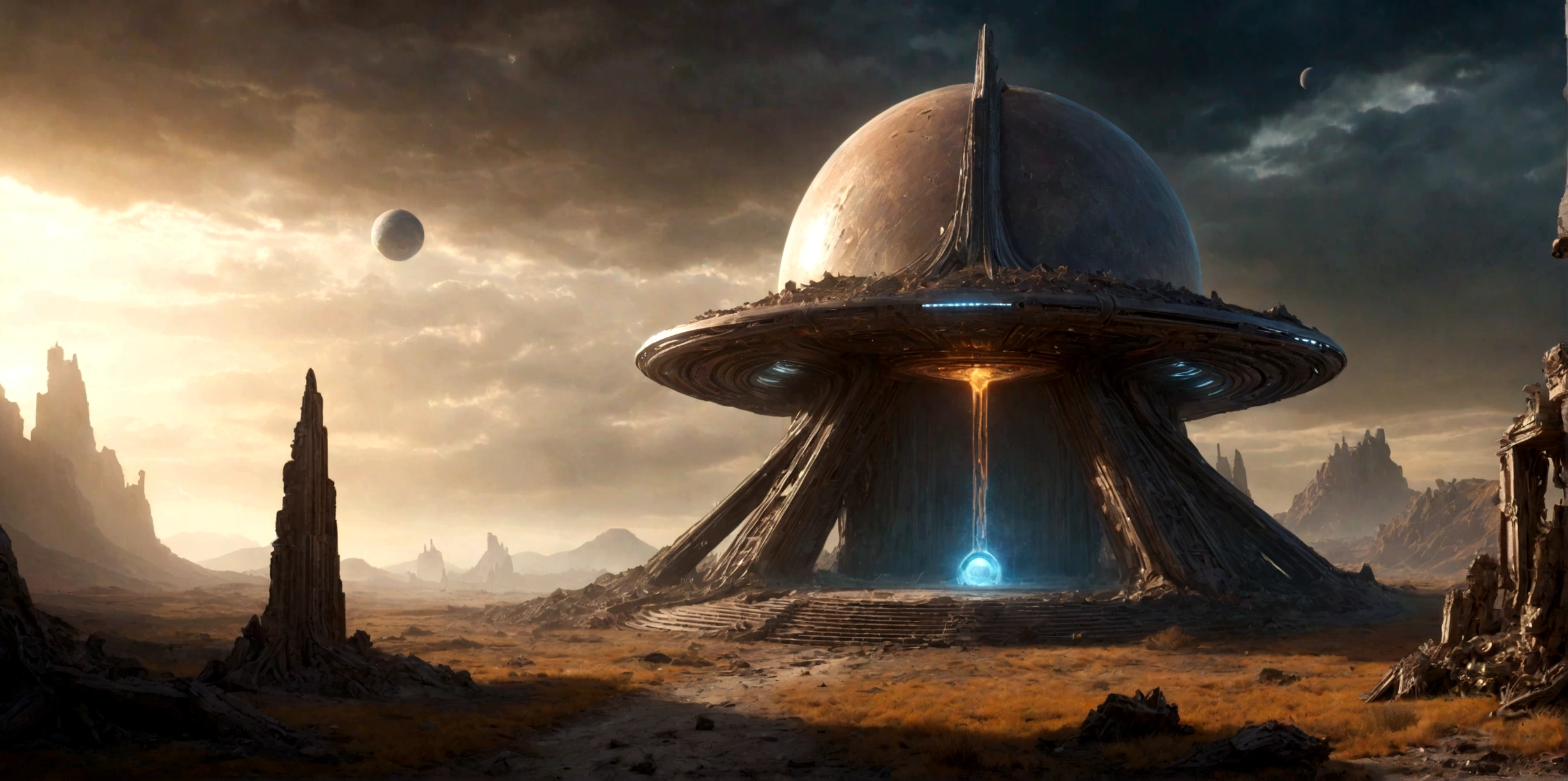 (EN UN VALLE RODEADO DE ACANTILADOS) ((AT THE FOOT OF AN INTRICATE TWO-DIMENSIONAL PORTAL STILL ACTIVE OF AN ALIEN TEMPLE IN RUINS AND IN PIECES) , (A FALLEN SPACESHIP, OXIDADA, ABANDONADA TIRADA EN LA ARENA DESBASTADA EN DECENAS DE PEDAZOS POR EL TIEMPO))), SUPER HIGH DEFINITION IMAGE WITH HYPER REALISM , MUCHO CALOR, PLANETA SECO, hyper realistic in 4K, cinematic lighting. little vegetation on alien planet other than Earth, cloudy stormy and cold weather, el sol se oculta