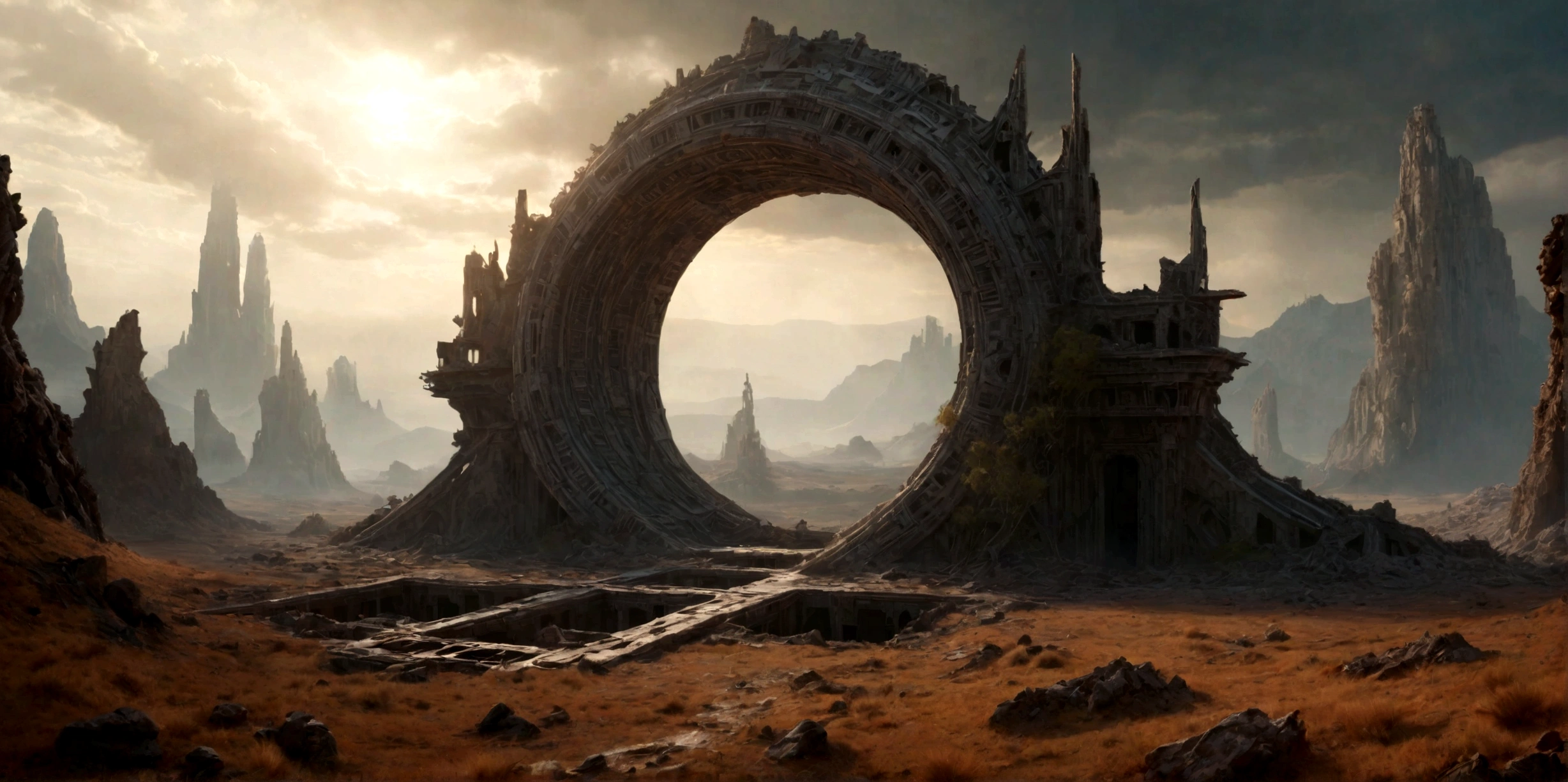 (EN UN VALLE RODEADO DE ACANTILADOS) ((AT THE FOOT OF AN INTRICATE TWO-DIMENSIONAL PORTAL STILL ACTIVE OF AN ALIEN TEMPLE IN RUINS AND IN PIECES) , (A FALLEN SPACESHIP, OXIDADA, ABANDONADA TIRADA EN LA ARENA DESBASTADA EN DECENAS DE PEDAZOS POR EL TIEMPO))), SUPER HIGH DEFINITION IMAGE WITH HYPER REALISM , MUCHO CALOR, PLANETA SECO, hyper realistic in 4K, cinematic lighting. little vegetation on alien planet other than Earth, cloudy stormy and cold weather, el sol se oculta