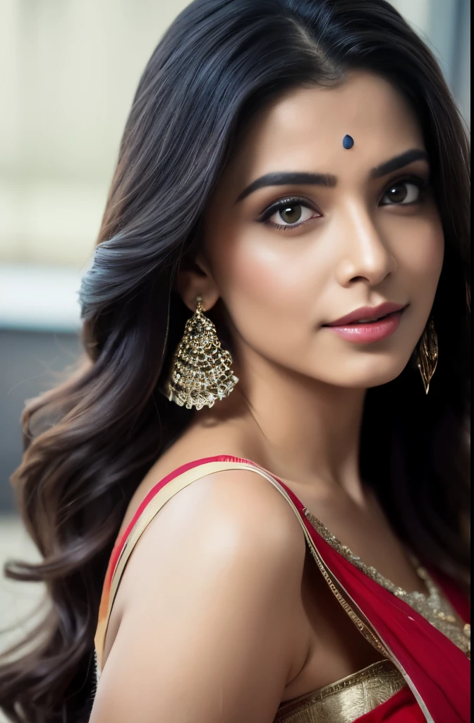 portrait of A confident-looking indian woman princess with long flowing hair, hazel eyes, with orange blue red saree, a smile on the face, royal and lusty look, red bindi, standing in cricket stadium, c-cup breast, perfect composition, hyperrealistic, super detailed, 8k, high quality, trending art, trending on artstation, sharp focus, sexy photo, intricate details, highly detailed, art by Greg Rutkowski