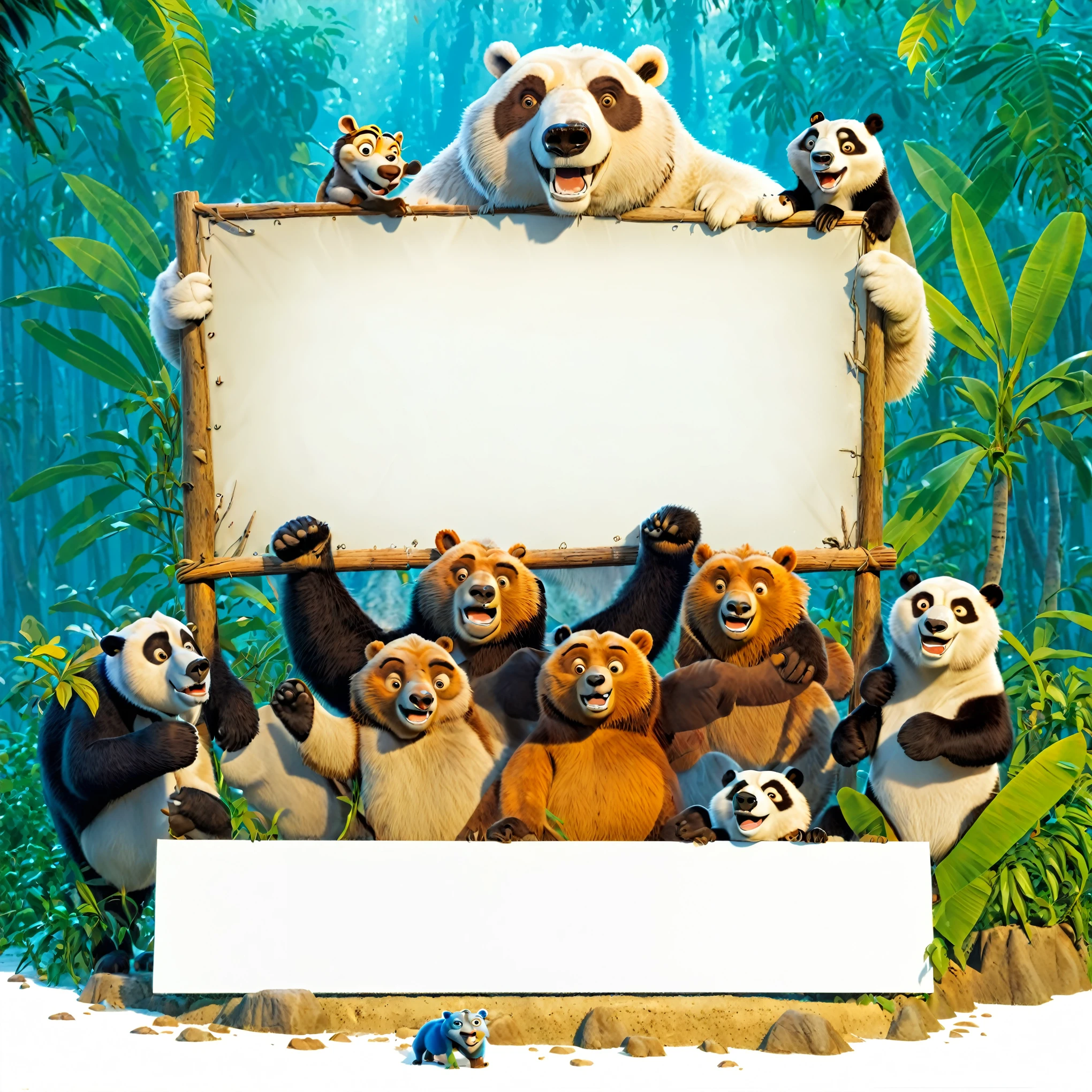 Bears and other animals holding a sign in a jungle with a blank sign, Movie promotional art, Movie promotional image, Animated movie, DreamWorks Animation, DreamWorks, animated children's movie, Movie, printed animation poster, animated film.