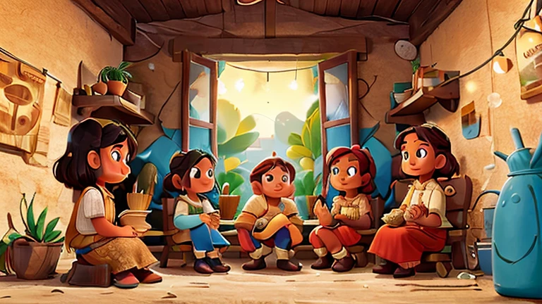 En un pueblo, a man and five women are sitting talking.