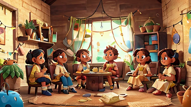 En un pueblo, a man and five women are sitting talking.