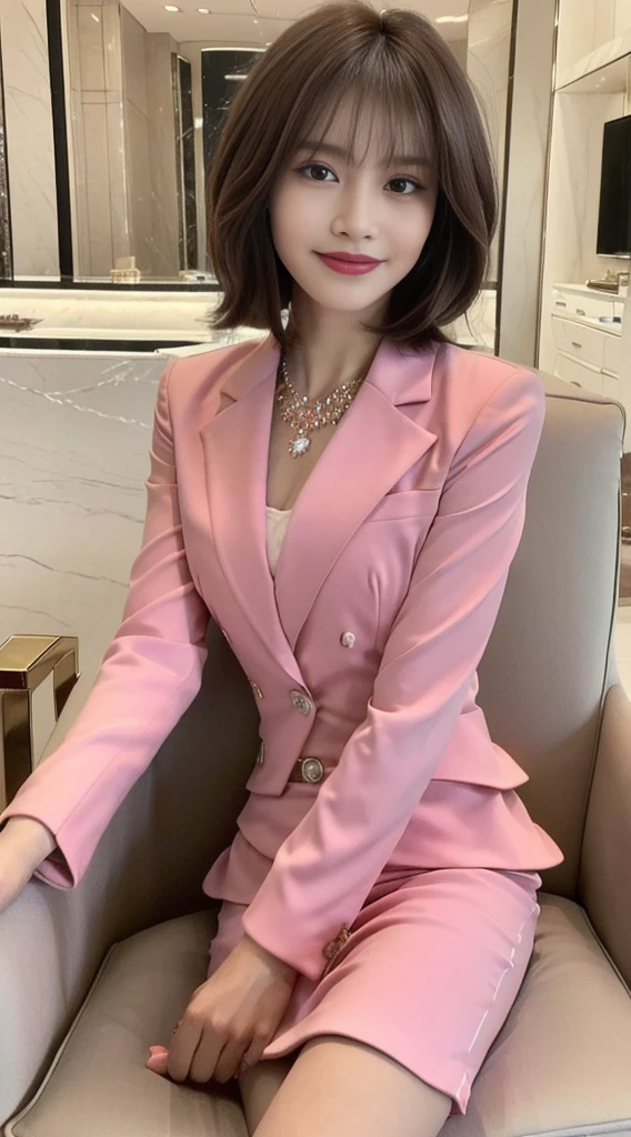 ((Best Quality, 8K, Masterpiece:1.3)), Focus: 1.2, Perfect Body Beauty: 1.4, , ((Layered Haircut: 1.2)), (wear a bright pink suit: 1.1), ( sitting on a chair in a luxury jewelry store:1.3), (Tight skirt: 1.1), Highly Detailed Face and Skin Texture, Fine Eyes, Double Eyelids, Whitening Skin, Long Hair, (Shut Up: 1.3), Smile