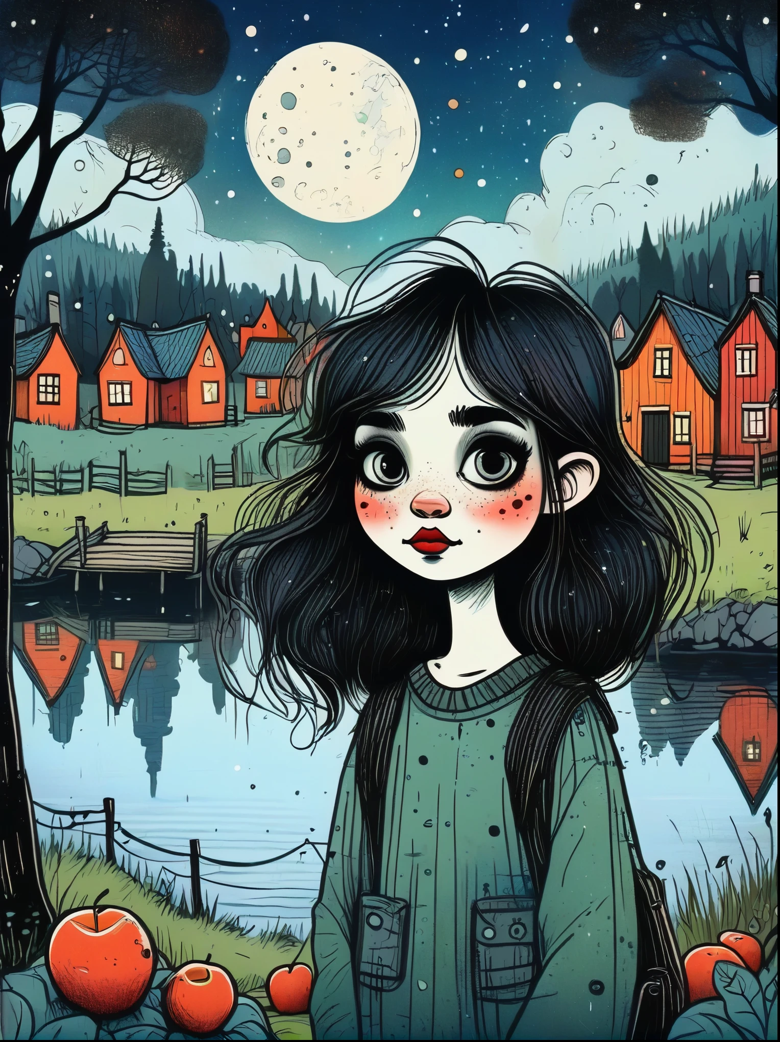 Cartoon hand drawn, 1girl, solo, Cute young attractive girl,Strong Gothic makeup, A village by the lake with a birch forest and an apple orchard,Starry nights,Mattias_Adolfsson style,Gloomy and foggy atmosphere,The cute absurdity、The attraction and rejection of extraordinary appearance,Magical naive art,Bright blue and green,The color palette is in red, orange and black tones and has a sketchy style, The background should have a simple hand-drawn doodle pattern, 1shxx1