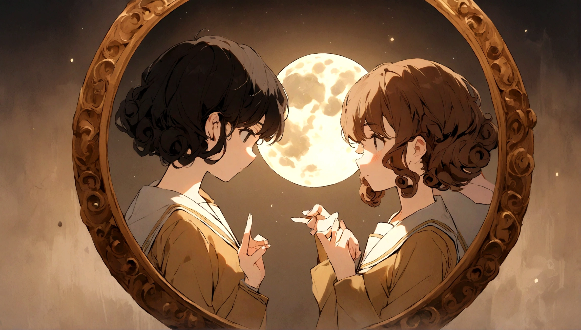 Sailor: Curly brown hair, yellowish-brown uniform, black eyes. Moon: Black hair, long and curly, uniform yellowish brown. a mirror in the round bottom