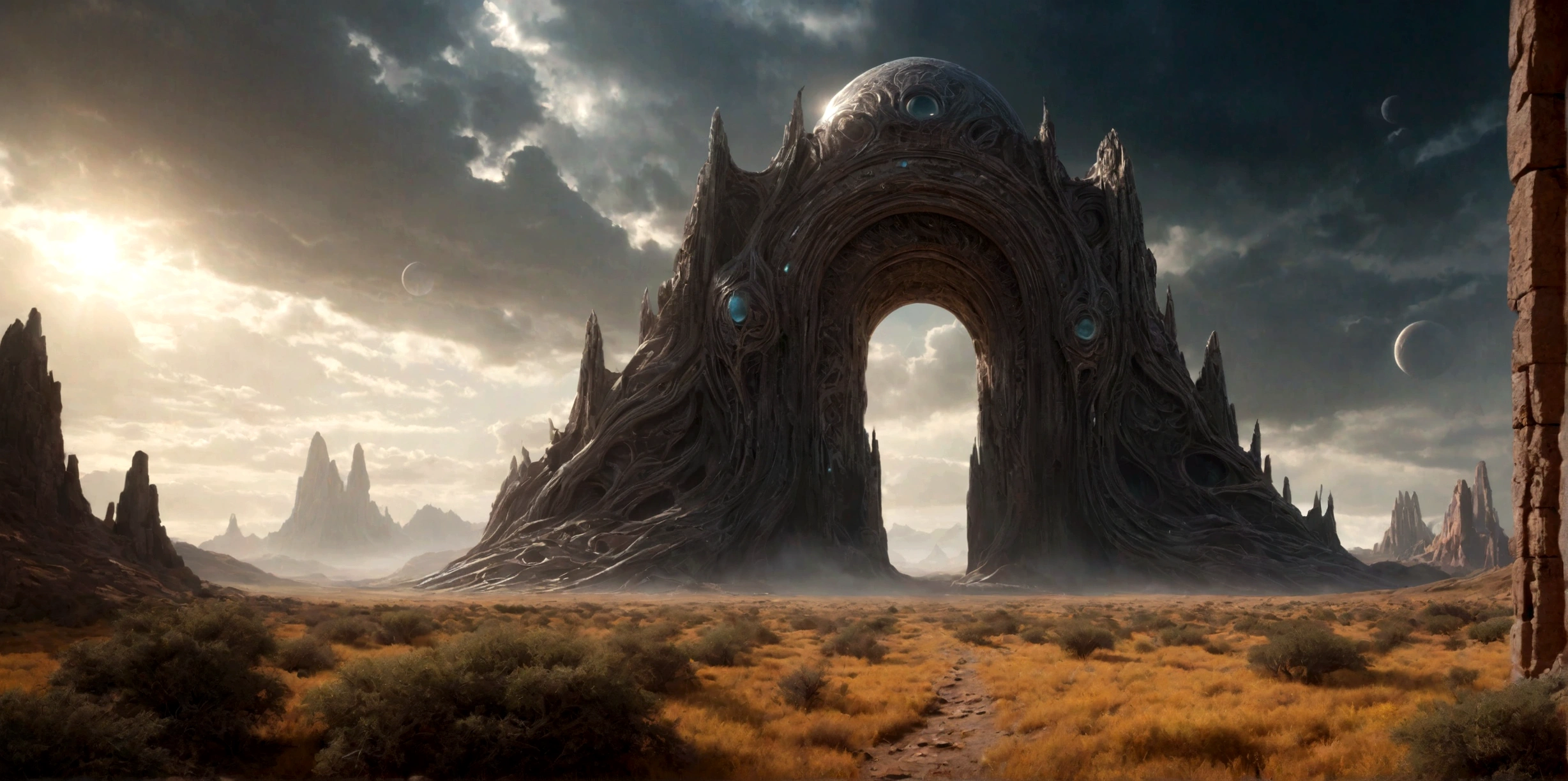 (EN UN VALLE RODEADO DE ACANTILADOS) ((AT THE FOOT OF AN INTRICATE TWO-DIMENSIONAL PORTAL STILL ACTIVE TO AN ALIEN TEMPLE), SUPER HIGH DEFINITION IMAGE WITH HYPER REALISM , MUCHO CALOR, PLANETA SECO, hyper realistic in 4K, cinematic lighting. little vegetation on alien planet other than Earth, cloudy stormy and cold weather, el sol se oculta