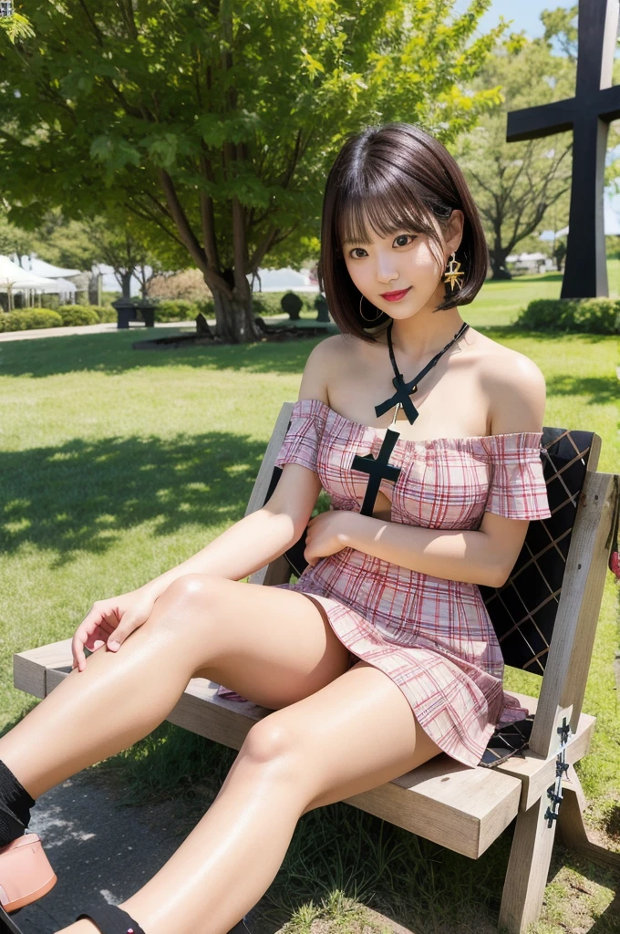 (8k, Photorealistic, Raw photo, Highest quality: 1.4),Japanese idol style1Beautiful girl of the person,18-year-old,Short bob hairstyle,Blackの髪,She has her hair tucked behind her ears,She has small earrings in her ears,Big, clear grey eyes,Long eyelashes,Plump Cheeks,(She is applying lipstick,(Pink :1.4)),Apply gloss over your lipstick for glossy, plump lips,Smiling,A short pendant is hanging around her neck.,両手の爪にBlackのマニキュアを塗っている,両足の爪にBlackのマニキュアを塗っている,Wearing an off-the-shoulder summer knit on bare skin,I can see her cleavage(Wearing a pleated skirt,(Plaid,Black :1.4)),(barefoot),(Grass under the tree in the park),(sitting cross-legged :1.7),She is surrounded by the gentle sunlight filtering through the trees.,Angle from the front,Full body portrait