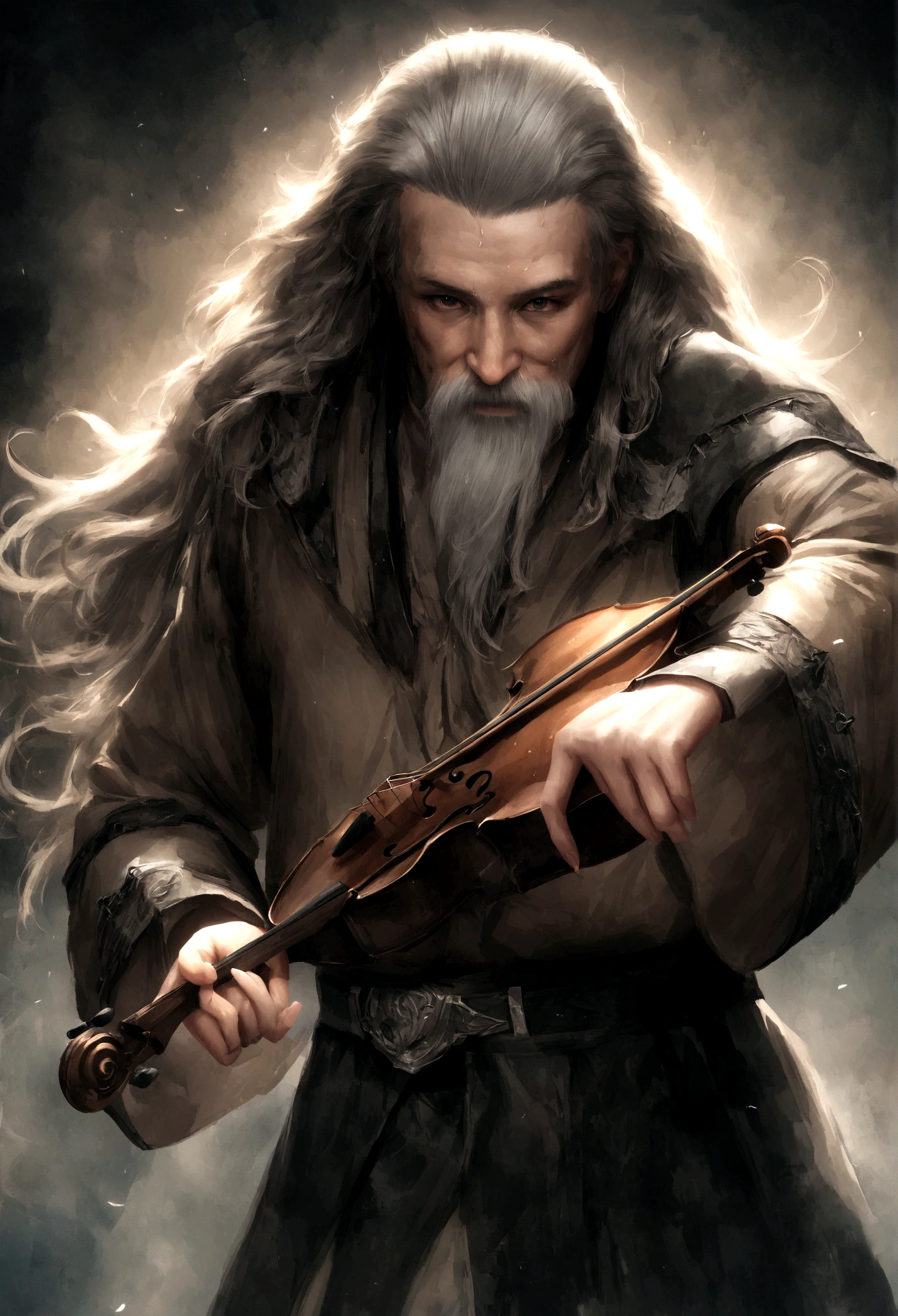 Old dwarf violinist from the middle ages with sinister and melancholic features, comprimento total do corpo,((ambiente sinistro)), simetria facial perfeita, tiro de corpo inteiro, hiper-realismo, hiper detalhado,extremamente detalhado,Alto contraste,Obra de arte,realista,ultra detalhado, detalhes intrincados,realistic wet leather,extremamente complexo,Alto contraste,HDR,extremamente detalhado,Obra de arte, detalhes intrincados, olhos tristes detalhados,4k resolution